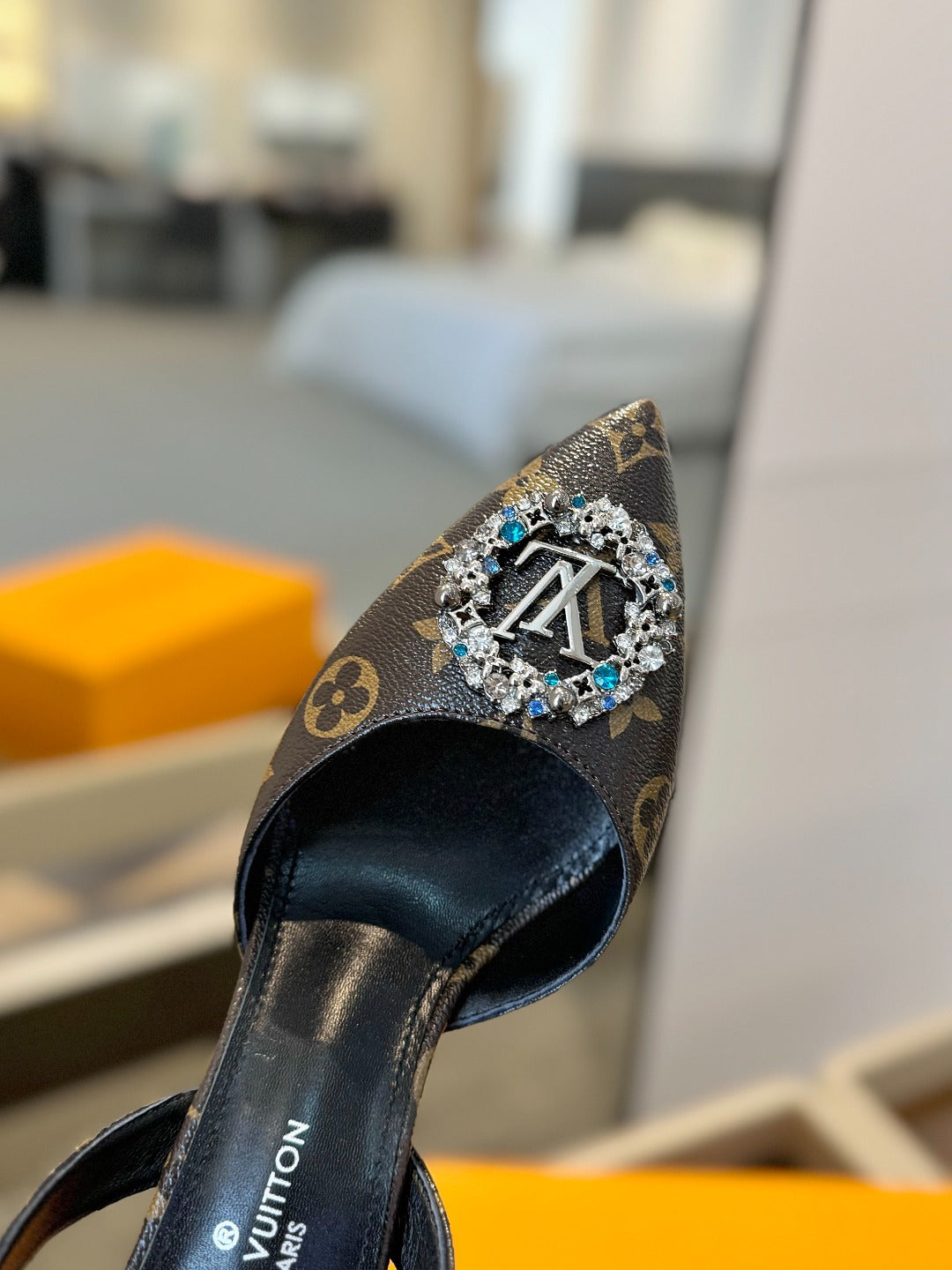 LOUIS VUITTON HIGH HEEL 75 MM SLINGBACK IN CHOCOLATE BROWN MONOGRAM CALFSKIN WITH CRYSTAL