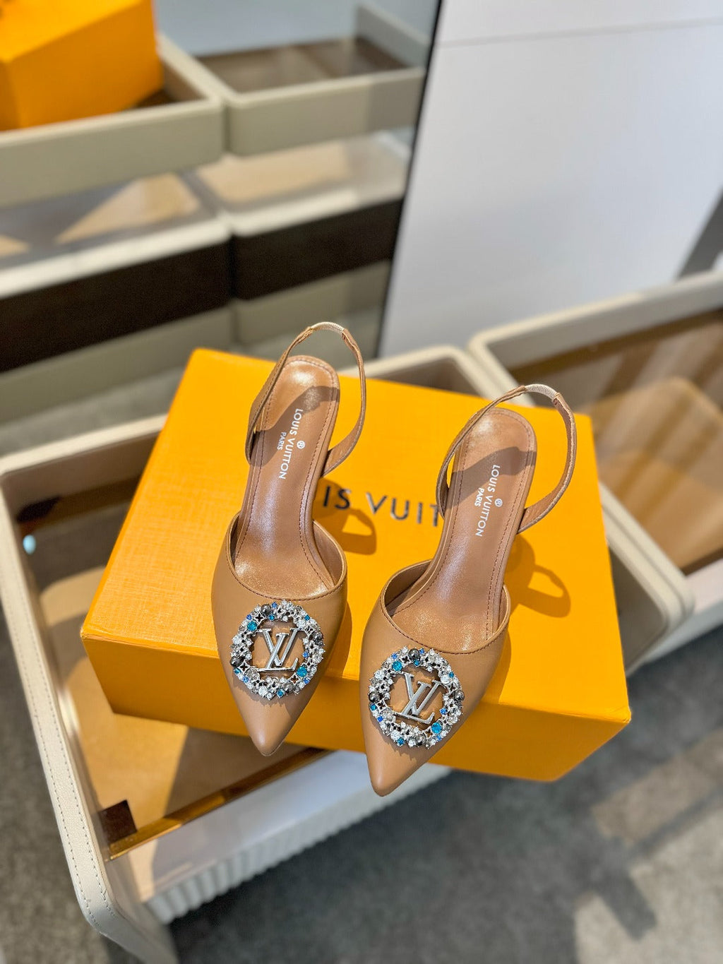 LOUIS VUITTON HIGH HEEL 75 MM SLINGBACK IN BRONZE BROWN CALFSKIN WITH CRYSTAL