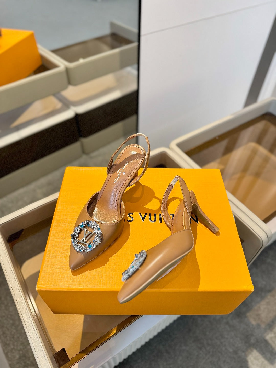 LOUIS VUITTON HIGH HEEL 75 MM SLINGBACK IN BRONZE BROWN CALFSKIN WITH CRYSTAL