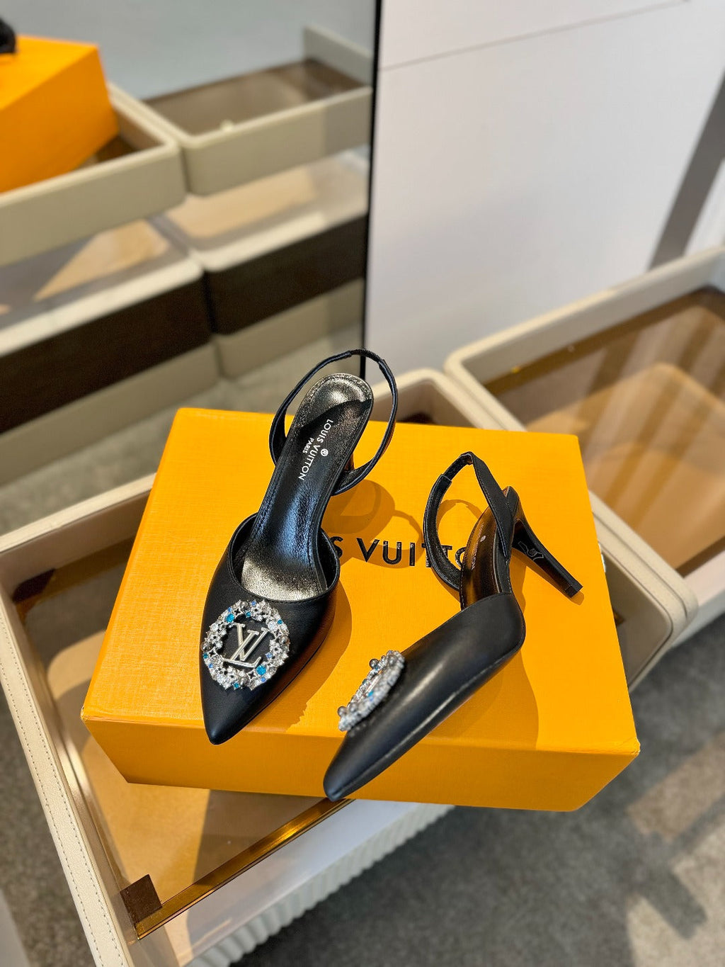 LOUIS VUITTON HIGH HEEL 75 MM SLINGBACK IN BLACK CALFSKIN WITH CRYSTAL
