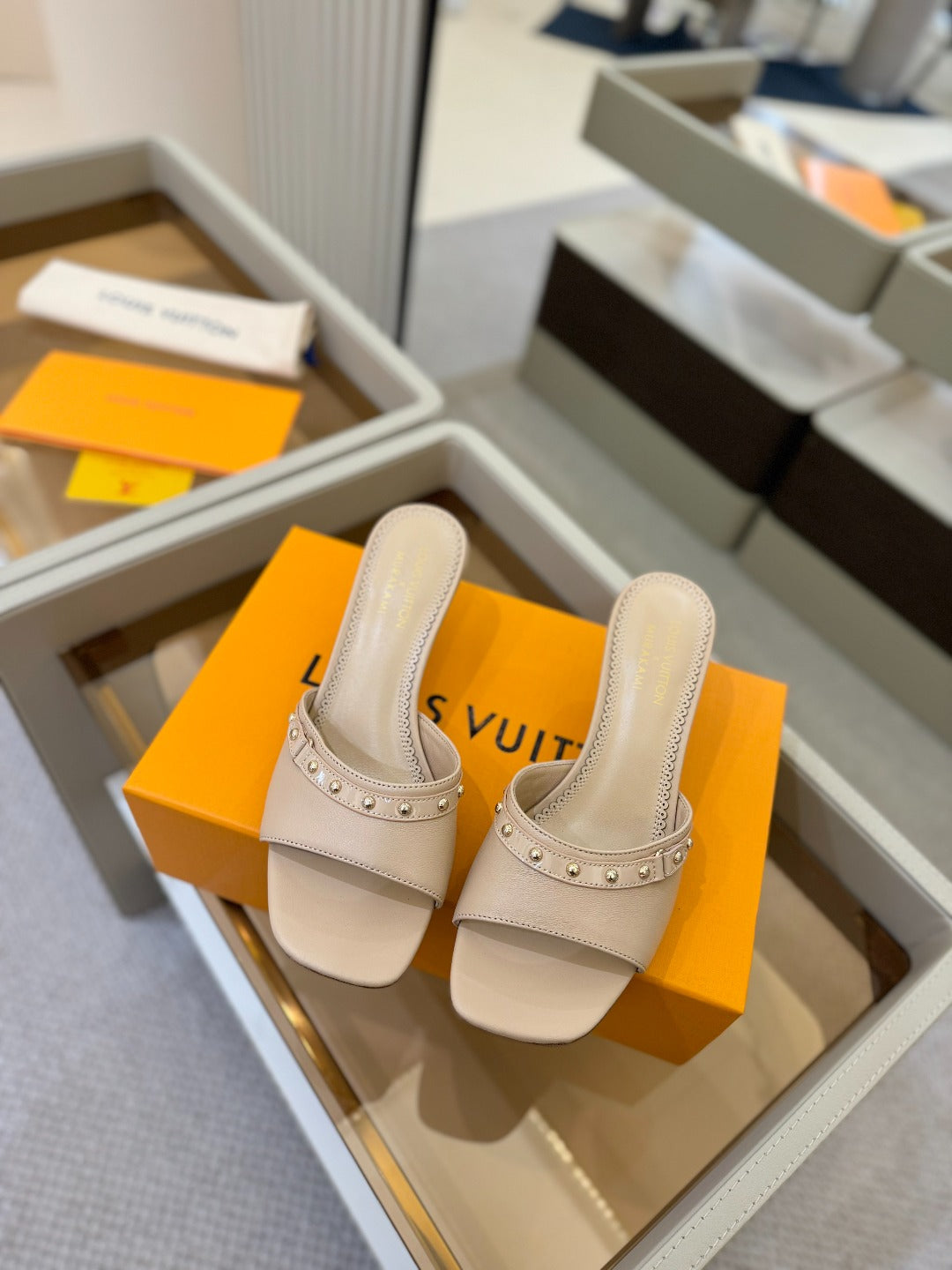 LOUIS VUITTON LV X TM 6AM HIGH 4 CM MULE IN LINEN TAN CALFSKIN
