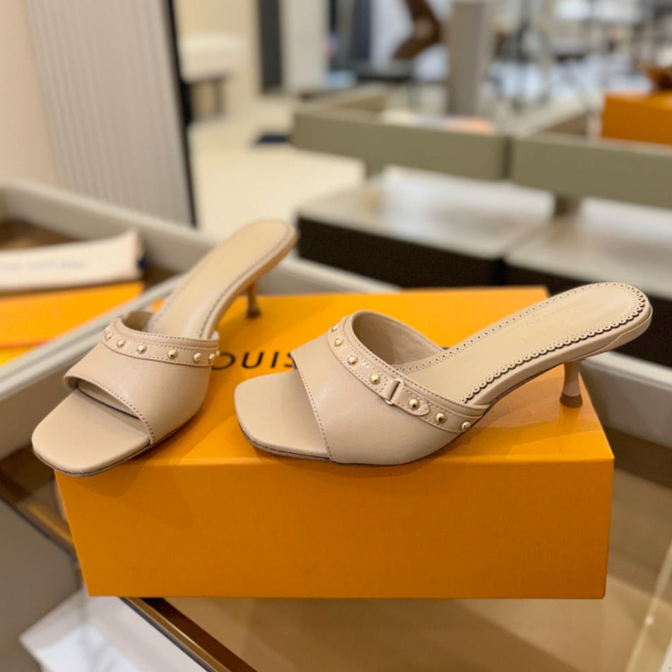 LOUIS VUITTON LV X TM 6AM HIGH 4 CM MULE IN LINEN TAN CALFSKIN