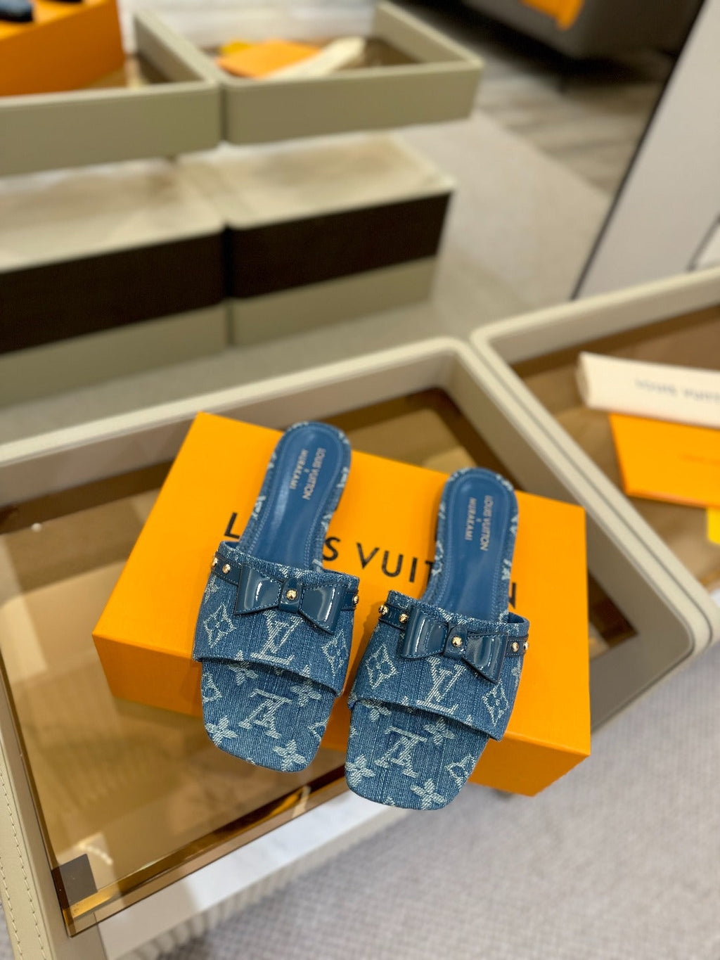 LOUIS VUITTON LV X TM 6AM FLAT MULE IN NAVY BLUE MONOGRAM DENIM