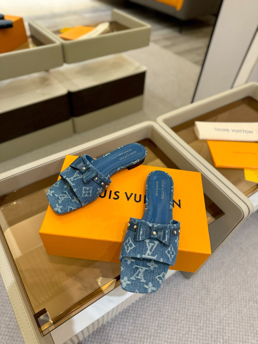 LOUIS VUITTON LV X TM 6AM FLAT MULE IN NAVY BLUE MONOGRAM DENIM