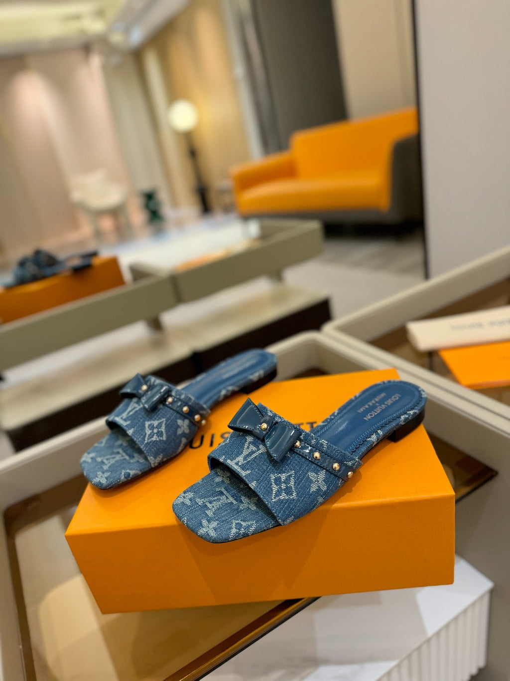 LOUIS VUITTON LV X TM 6AM FLAT MULE IN NAVY BLUE MONOGRAM DENIM