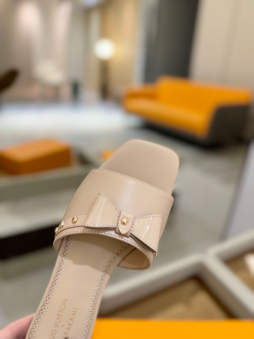 LOUIS VUITTON LV X TM 6AM FLAT MULE IN LINEN TAN CALFSKIN