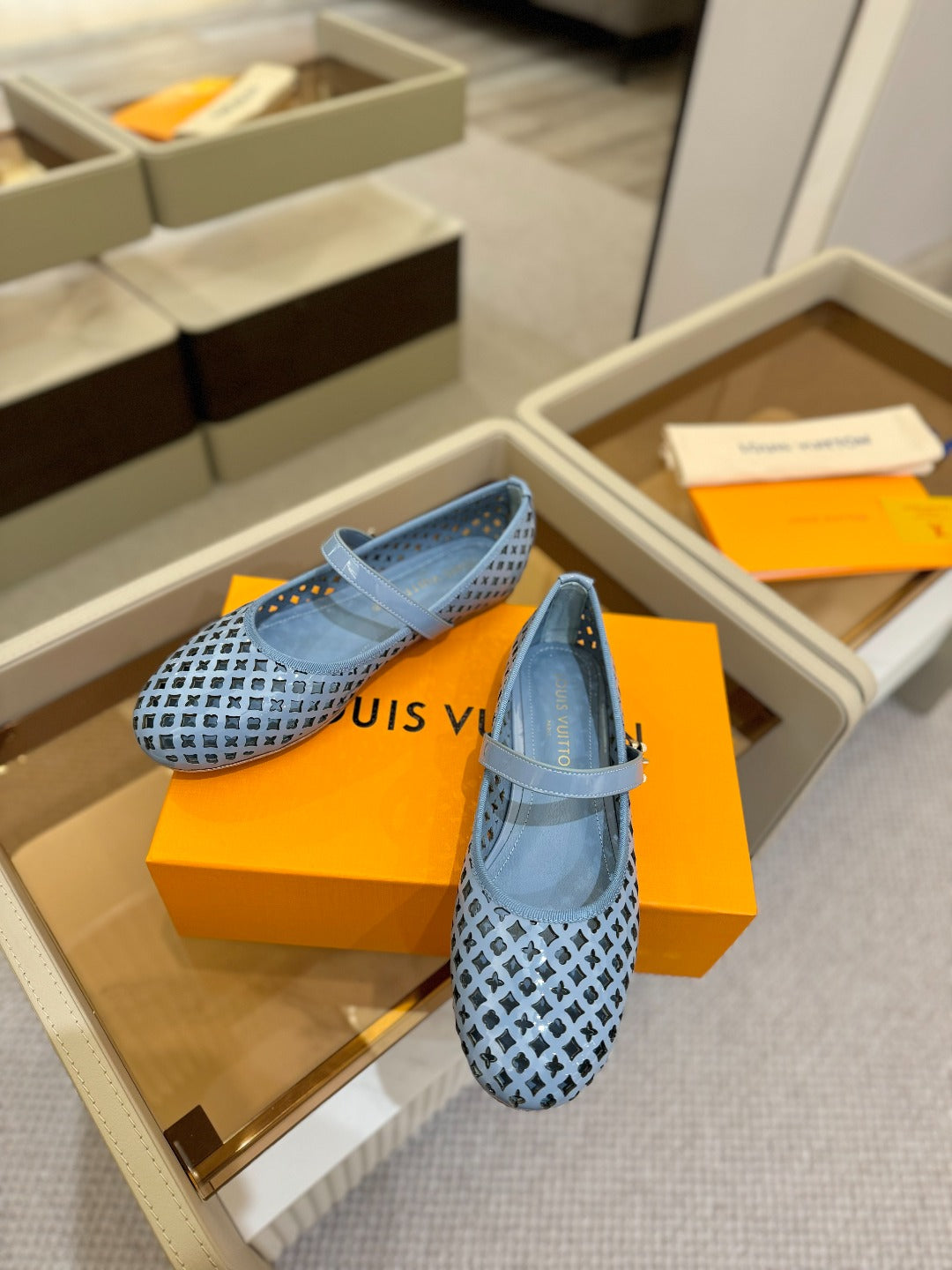 LOUIS VUITTON ROMY FLAT BALLERINA IN CERULEAN BLUE MESH PATENT CALFSKIN