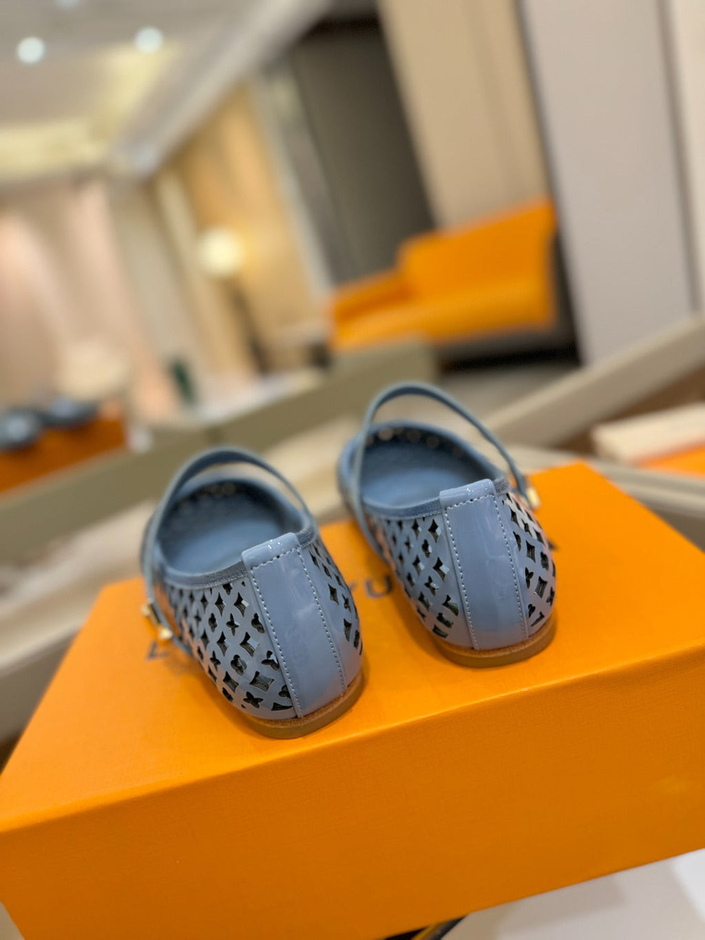 LOUIS VUITTON ROMY FLAT BALLERINA IN CERULEAN BLUE MESH PATENT CALFSKIN