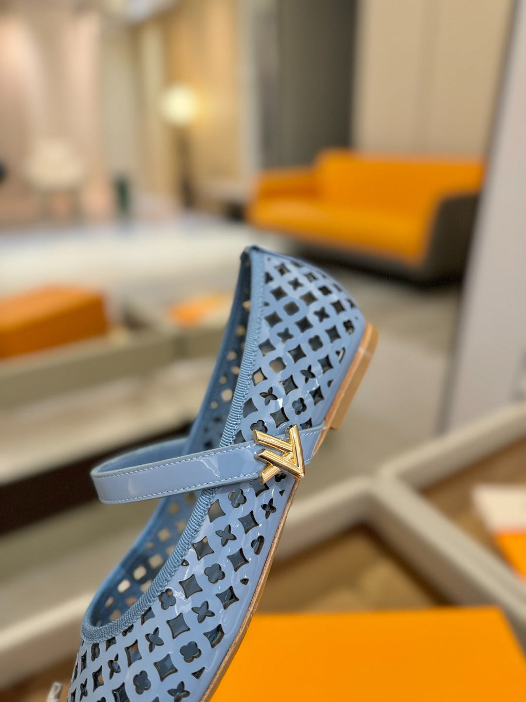 LOUIS VUITTON ROMY FLAT BALLERINA IN CERULEAN BLUE MESH PATENT CALFSKIN