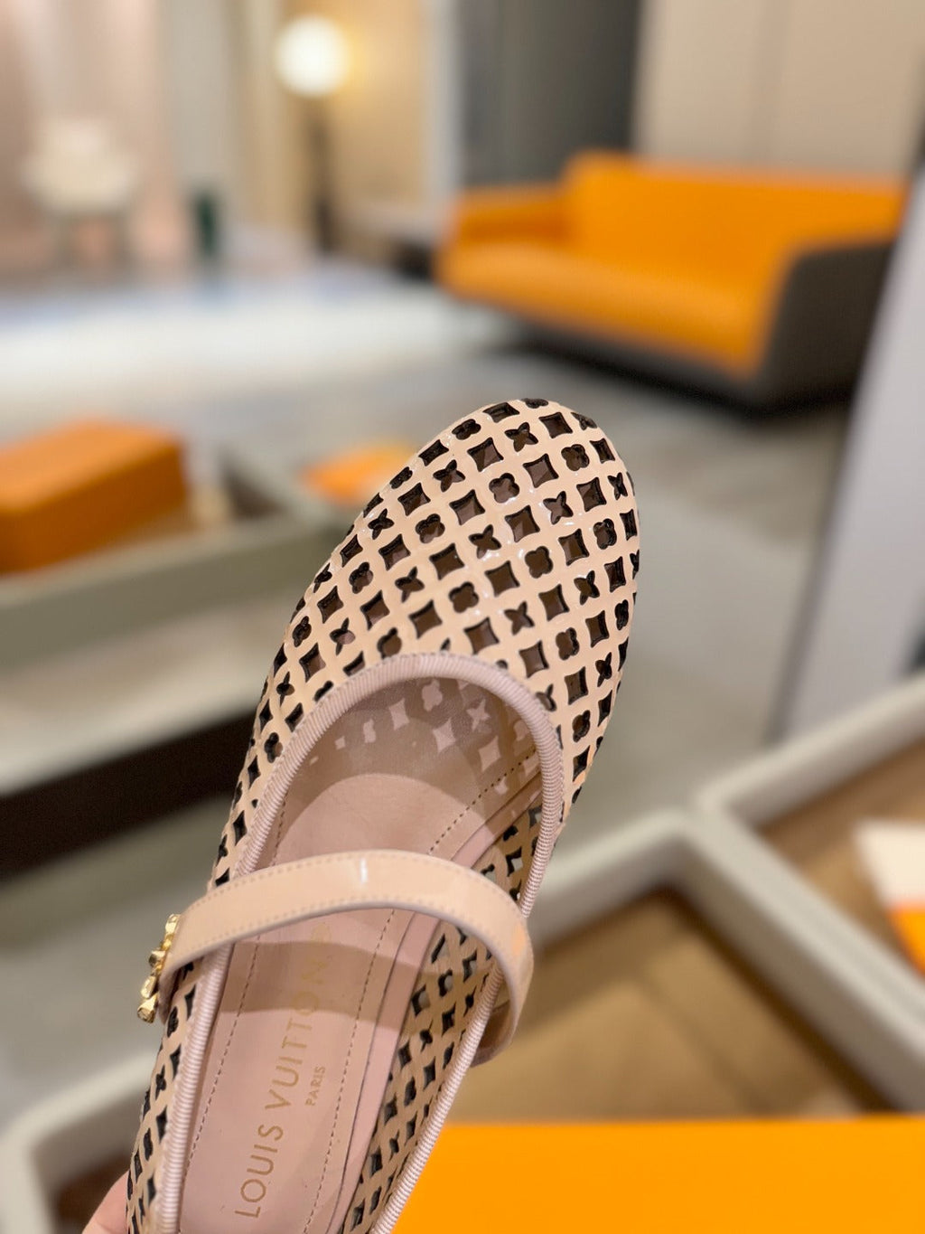 LOUIS VUITTON ROMY FLAT BALLERINA IN LIGHT PINK MESH PATENT CALFSKIN