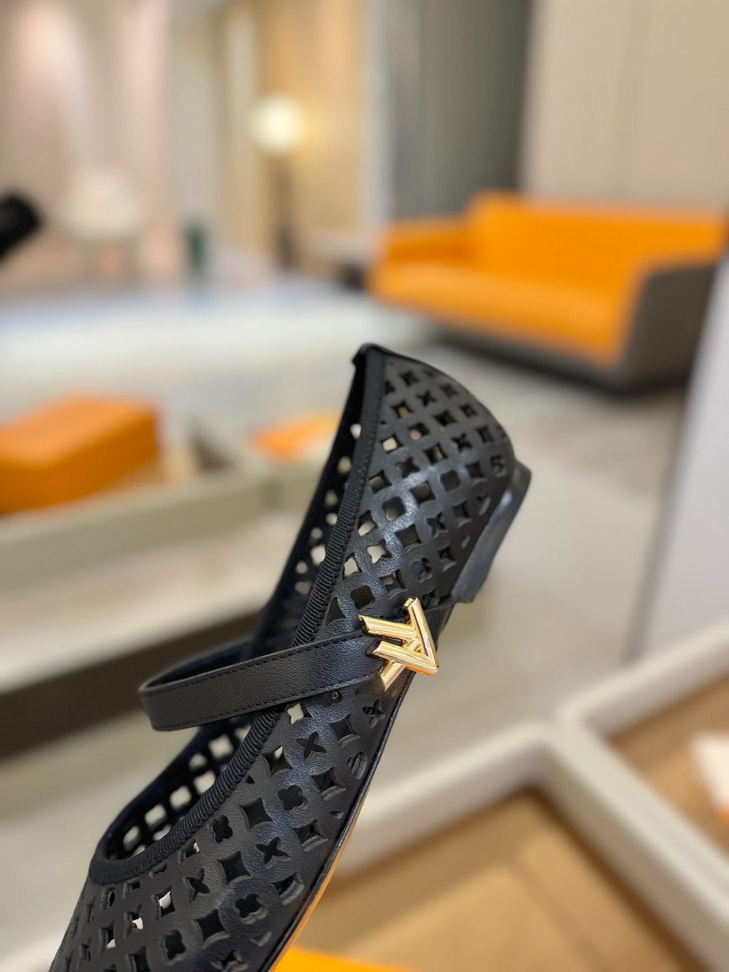 LOUIS VUITTON ROMY FLAT BALLERINA IN BLACK MESH CALFSKIN