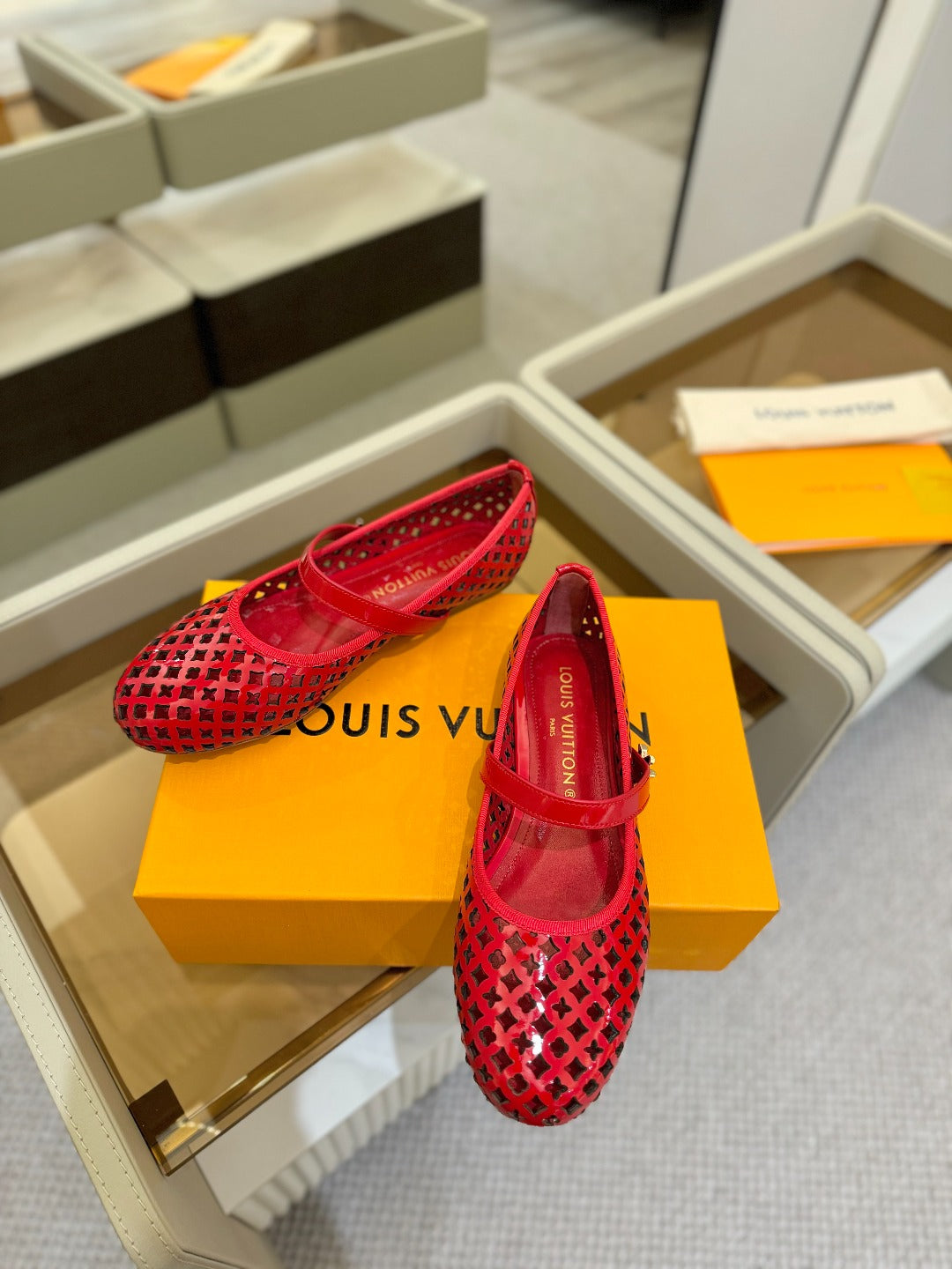 LOUIS VUITTON ROMY FLAT BALLERINA IN CHERRY RED MESH PATENT CALFSKIN