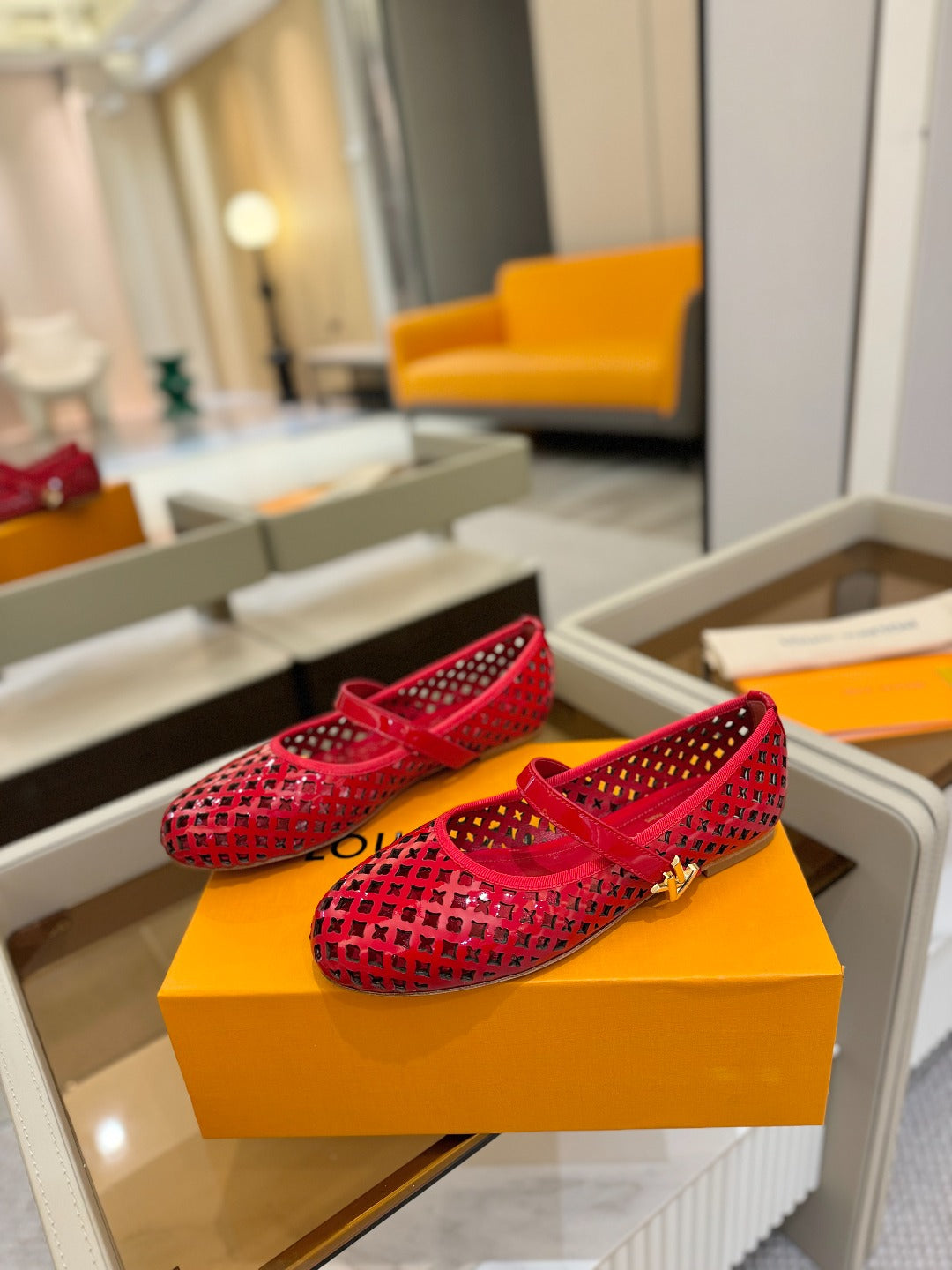 LOUIS VUITTON ROMY FLAT BALLERINA IN CHERRY RED MESH PATENT CALFSKIN