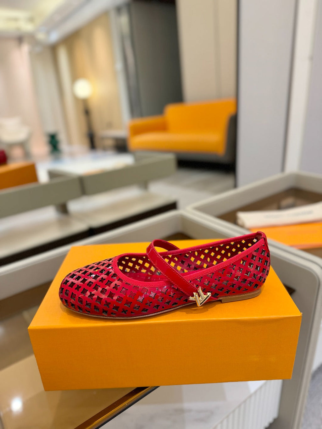 LOUIS VUITTON ROMY FLAT BALLERINA IN CHERRY RED MESH PATENT CALFSKIN