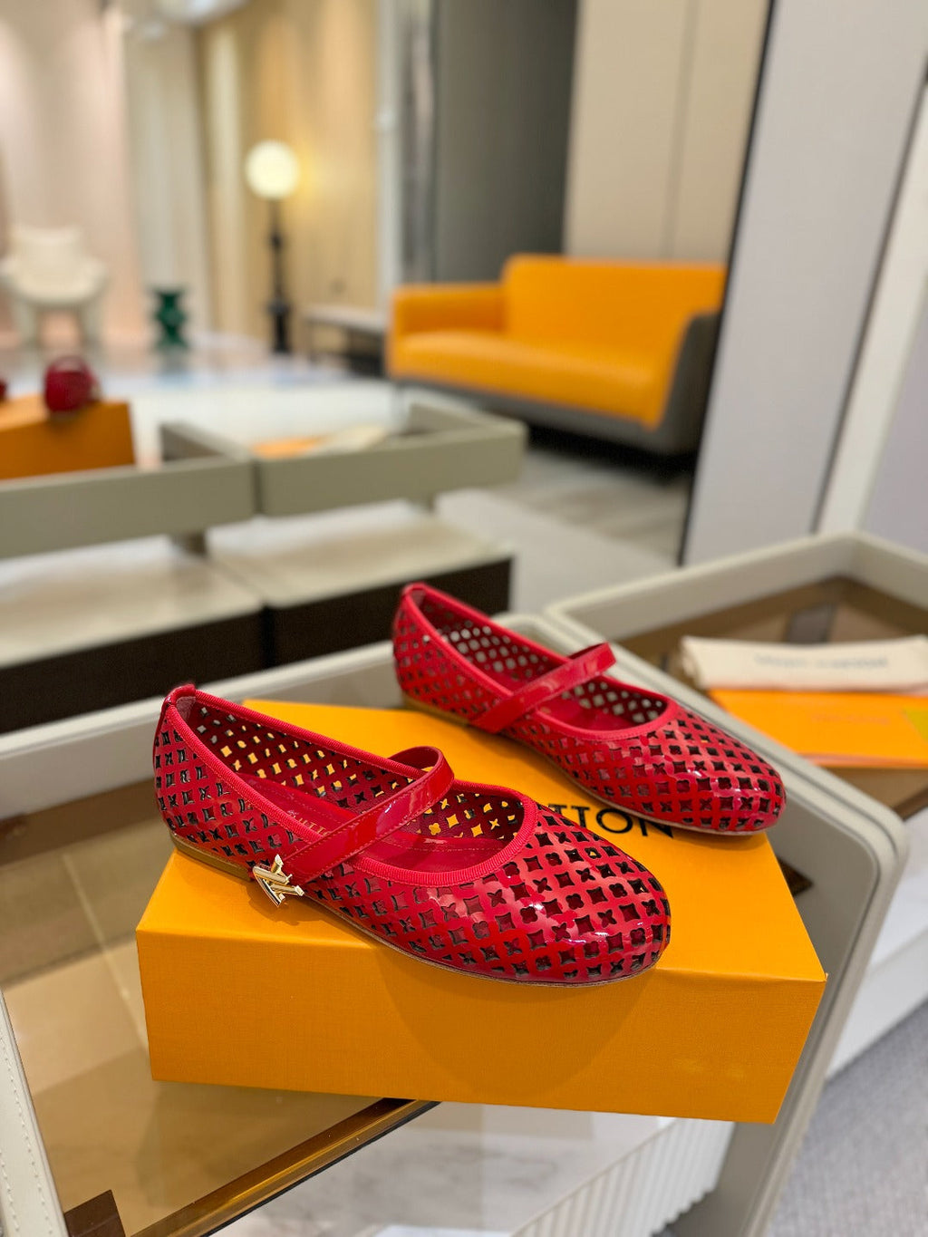 LOUIS VUITTON ROMY FLAT BALLERINA IN CHERRY RED MESH PATENT CALFSKIN
