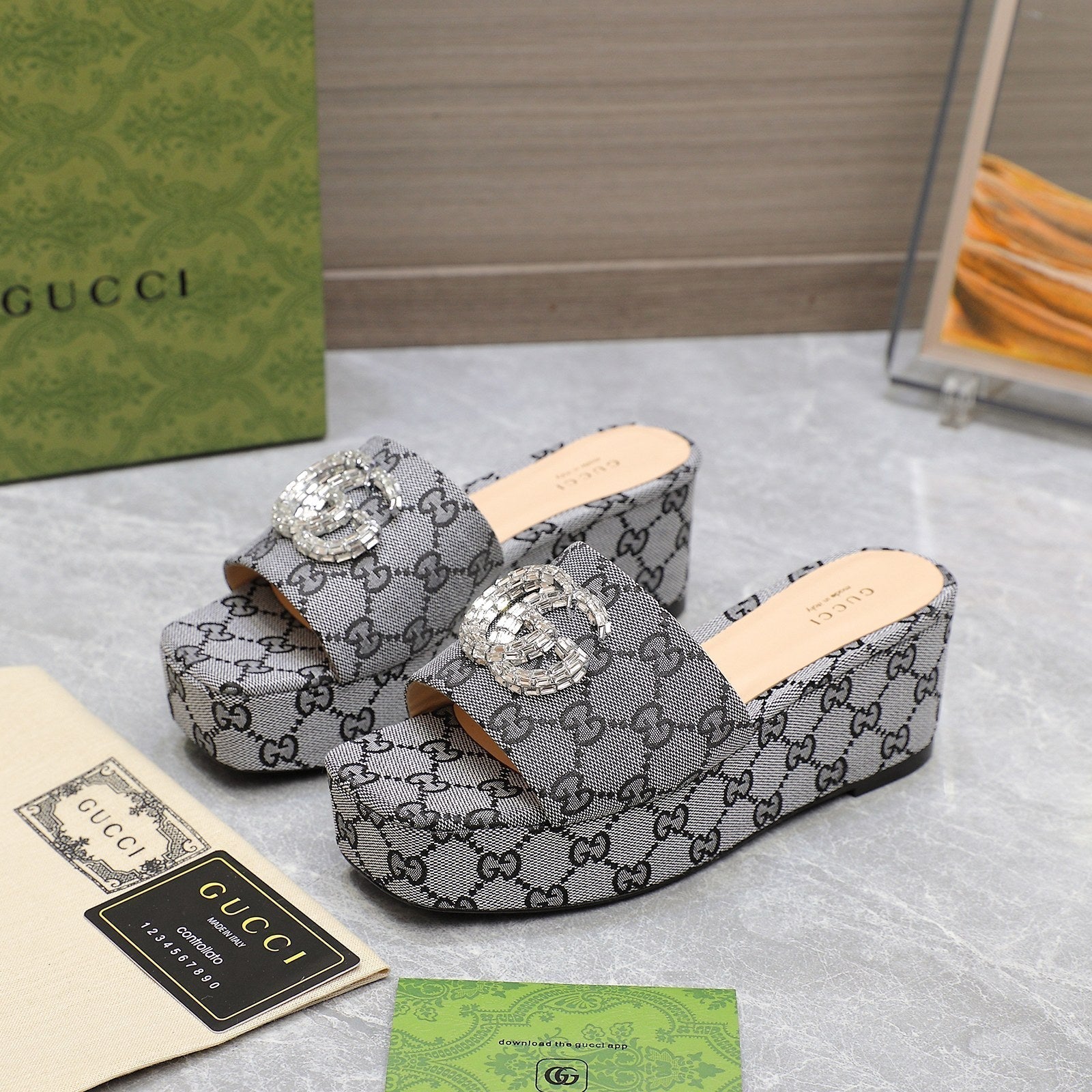 GUCCI HIGH WEDGE PLATFORM WITH DOUBLE G IN GRAY CANVAS