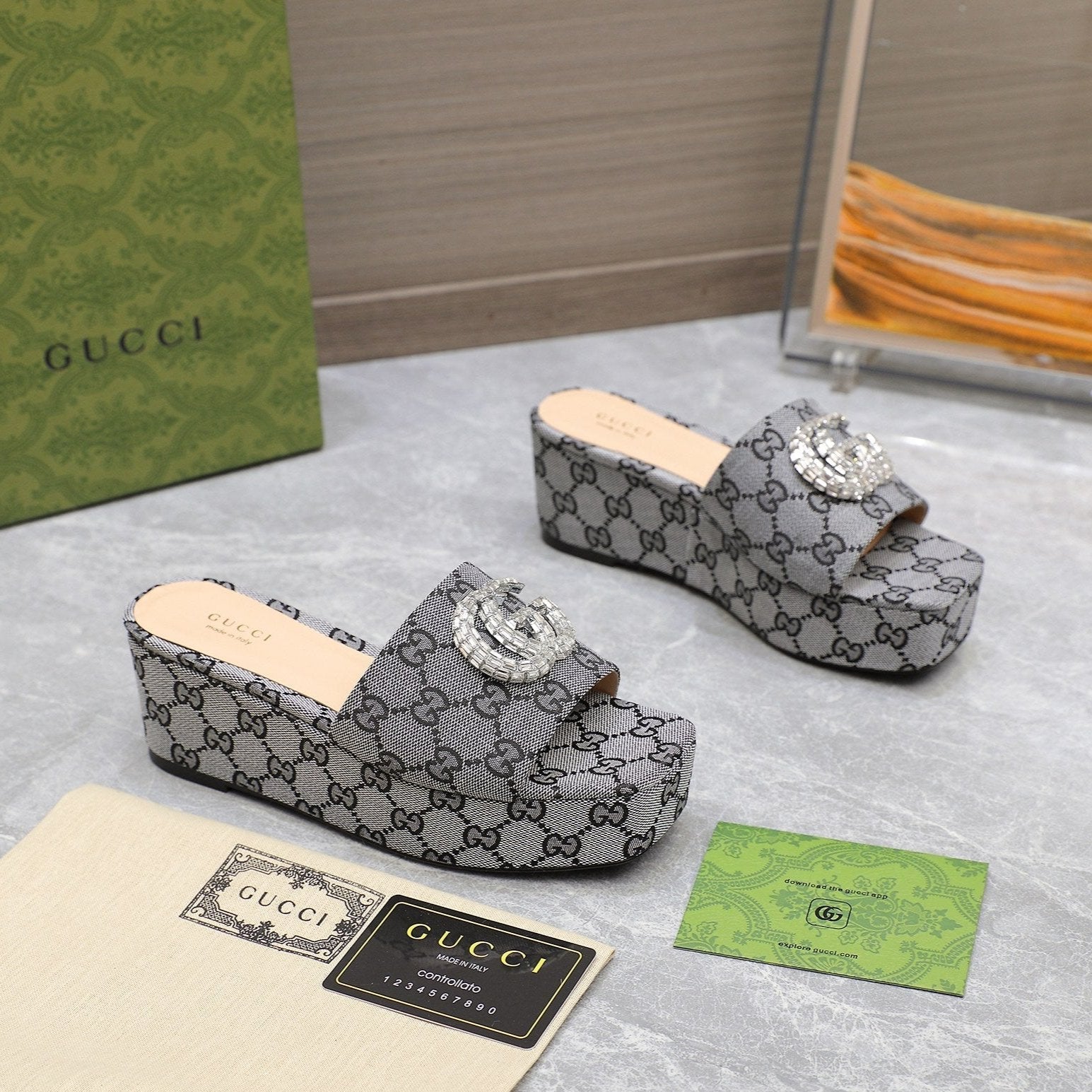 GUCCI HIGH WEDGE PLATFORM WITH DOUBLE G IN GRAY CANVAS