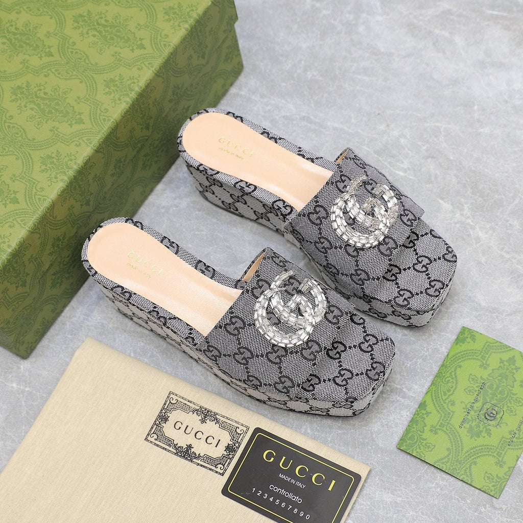 GUCCI HIGH WEDGE PLATFORM WITH DOUBLE G IN GRAY CANVAS