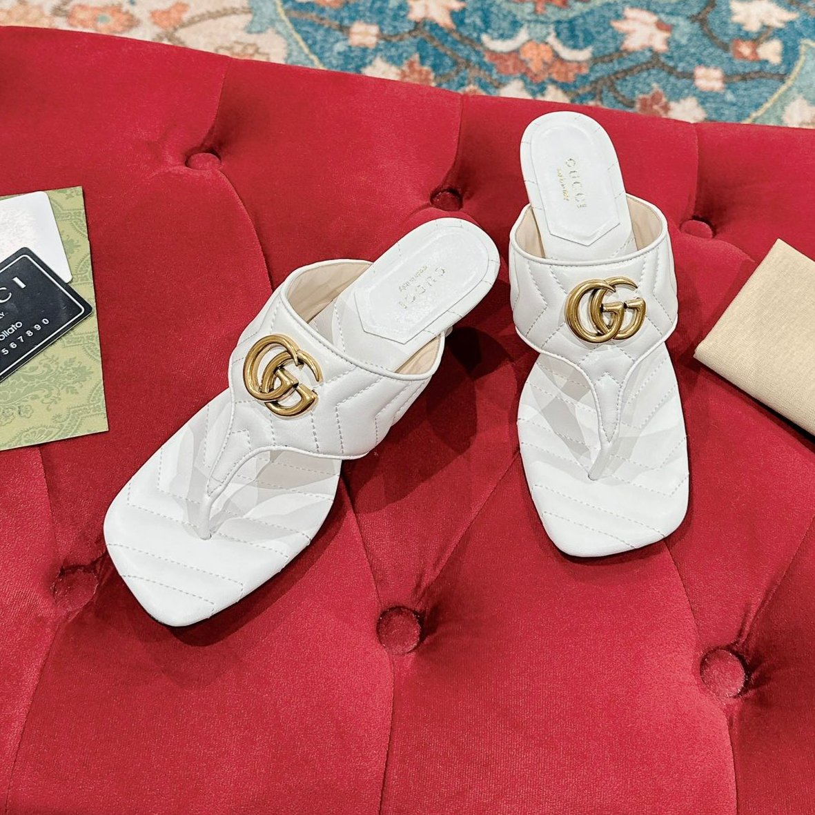 GUCCI HIGH THONG MULE 55MM IN WHITE CALFSKIN WITH GOLD HARDWARE