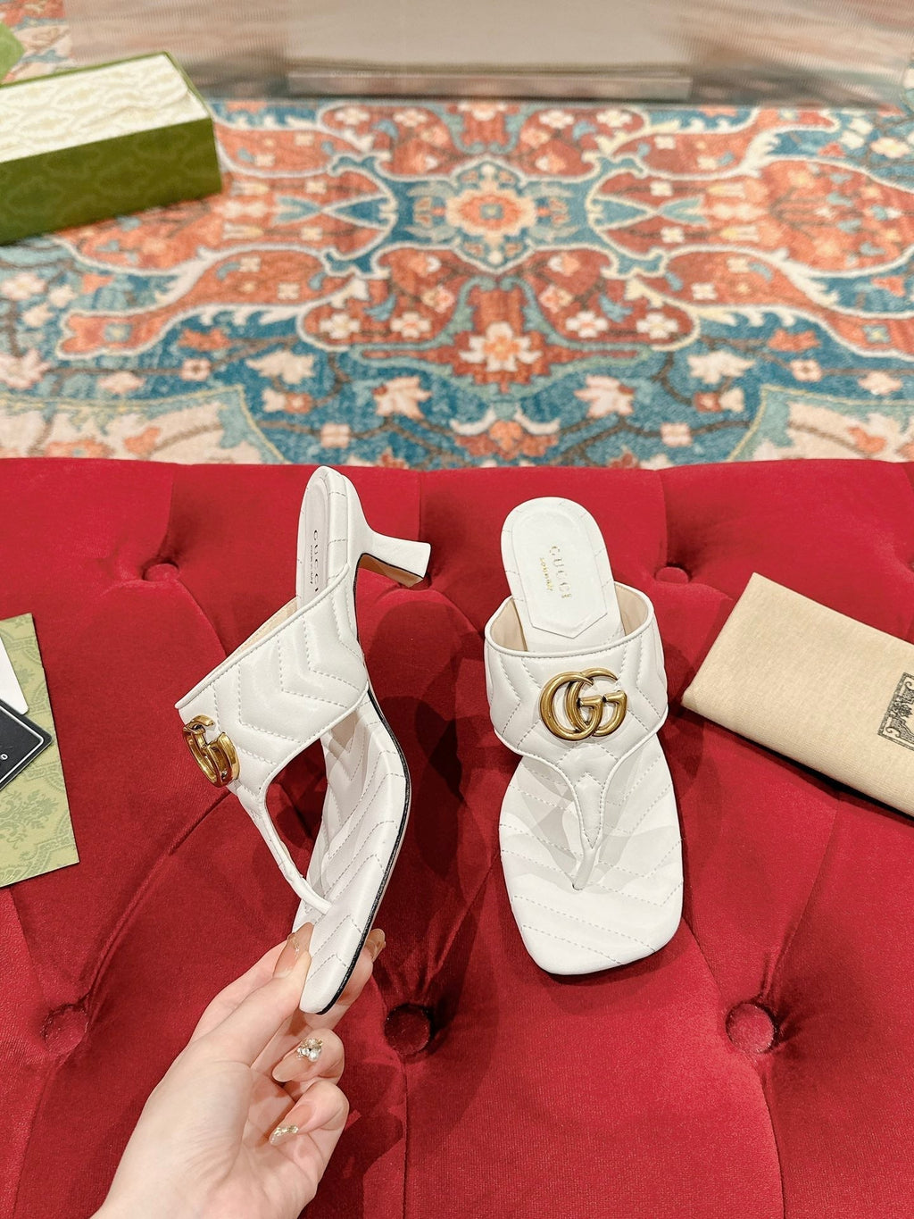 GUCCI HIGH THONG MULE 55MM IN WHITE CALFSKIN WITH GOLD HARDWARE