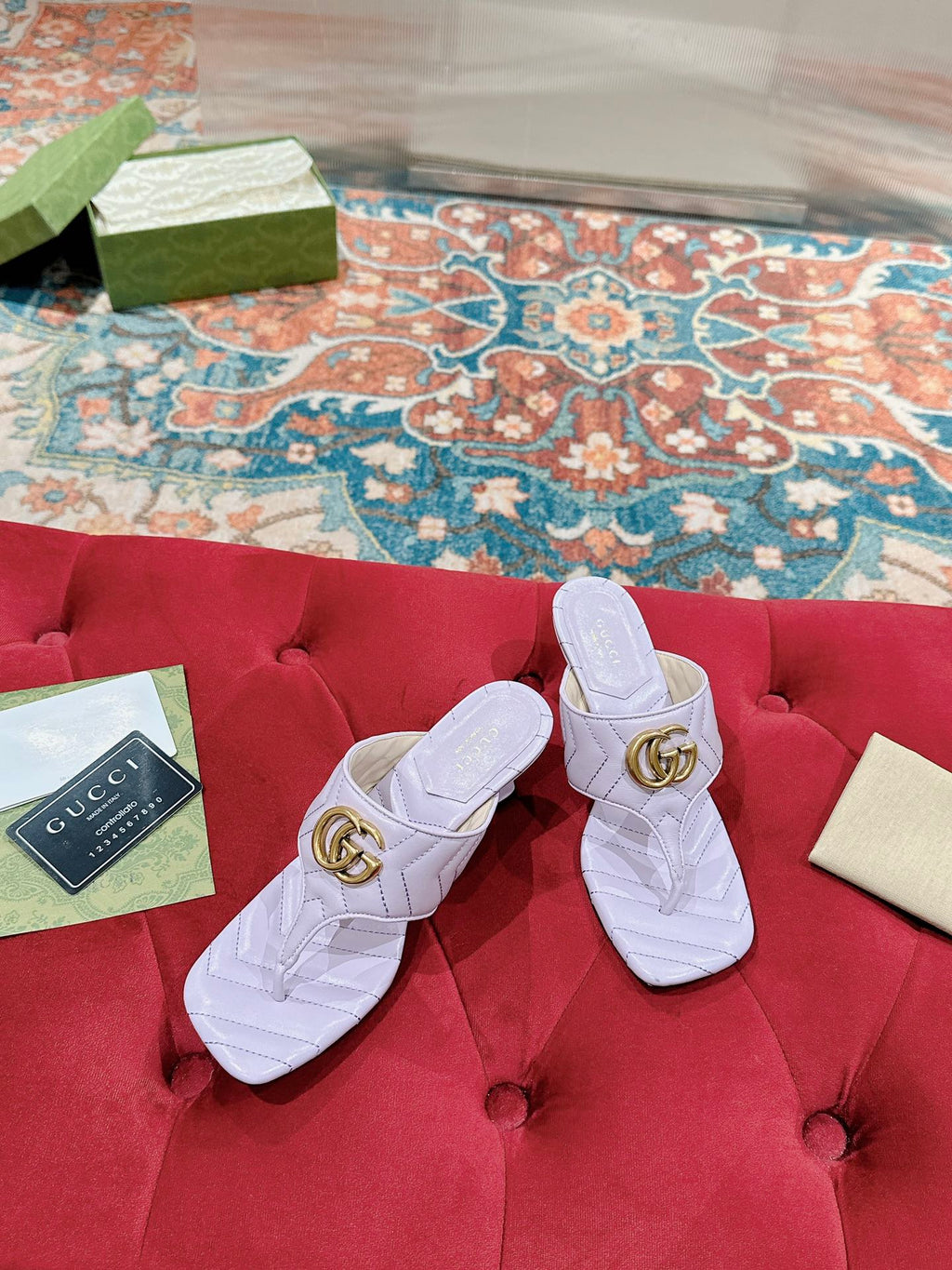GUCCI HIGH THONG MULE 55MM IN LIGHT PINK CALFSKIN WITH GOLD HARDWARE