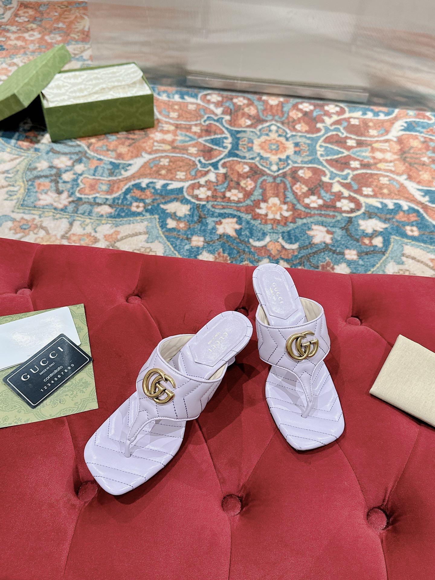 GUCCI HIGH THONG MULE 55MM IN LIGHT PINK CALFSKIN WITH GOLD HARDWARE