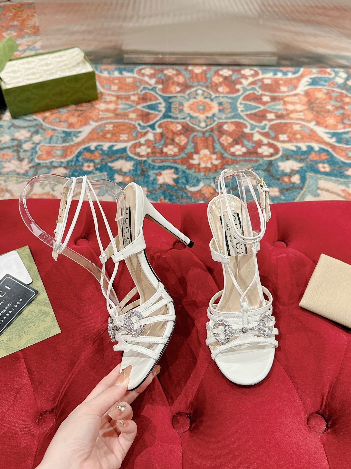 GUCCI CRYSTAL HORSEBIT SANDAL WHITE LAMBSKIN