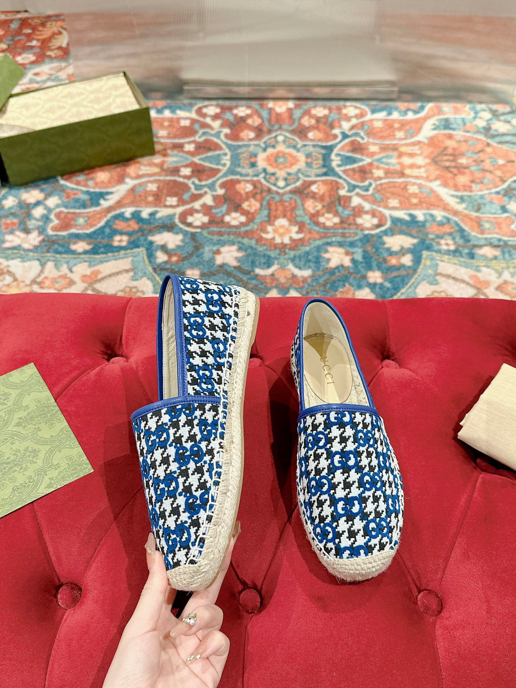 GUCCI ESPADRILLE LOAFER COBALT AND BLACK CANVAS