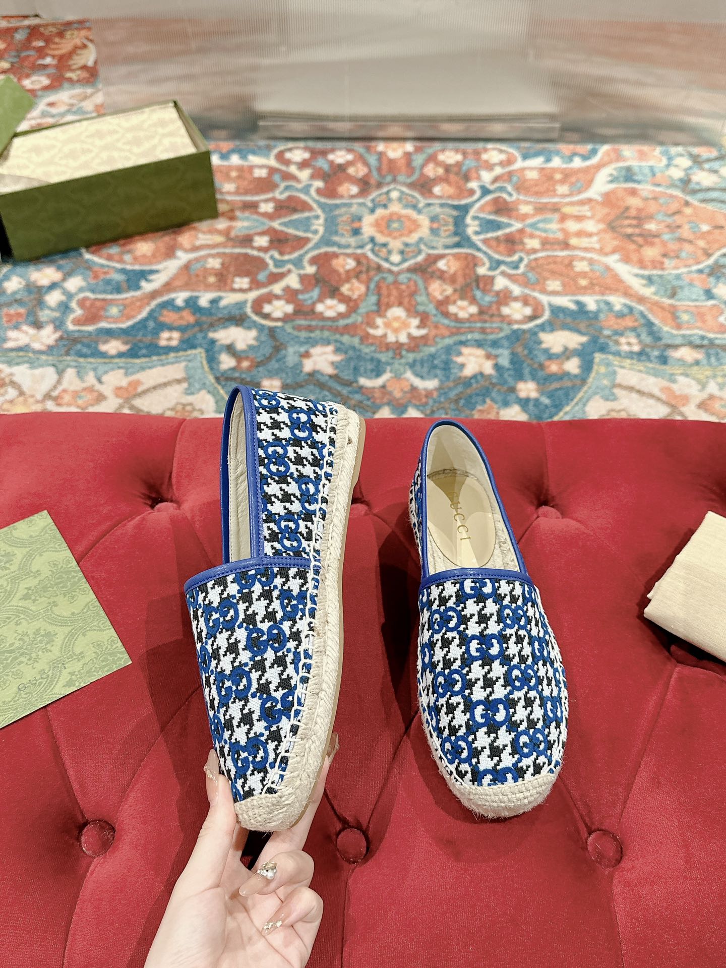 GUCCI ESPADRILLE LOAFER COBALT AND BLACK CANVAS