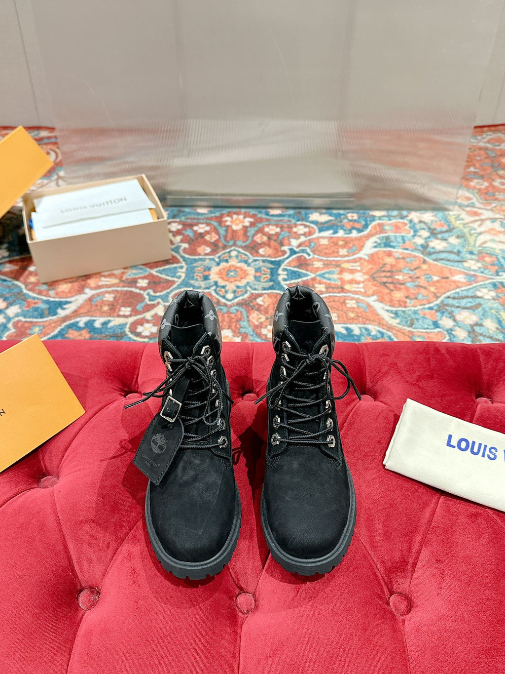 LOUIS VUITTON LV X TIMBERLAND ANKLE BOOT IN BLACK SUEDE