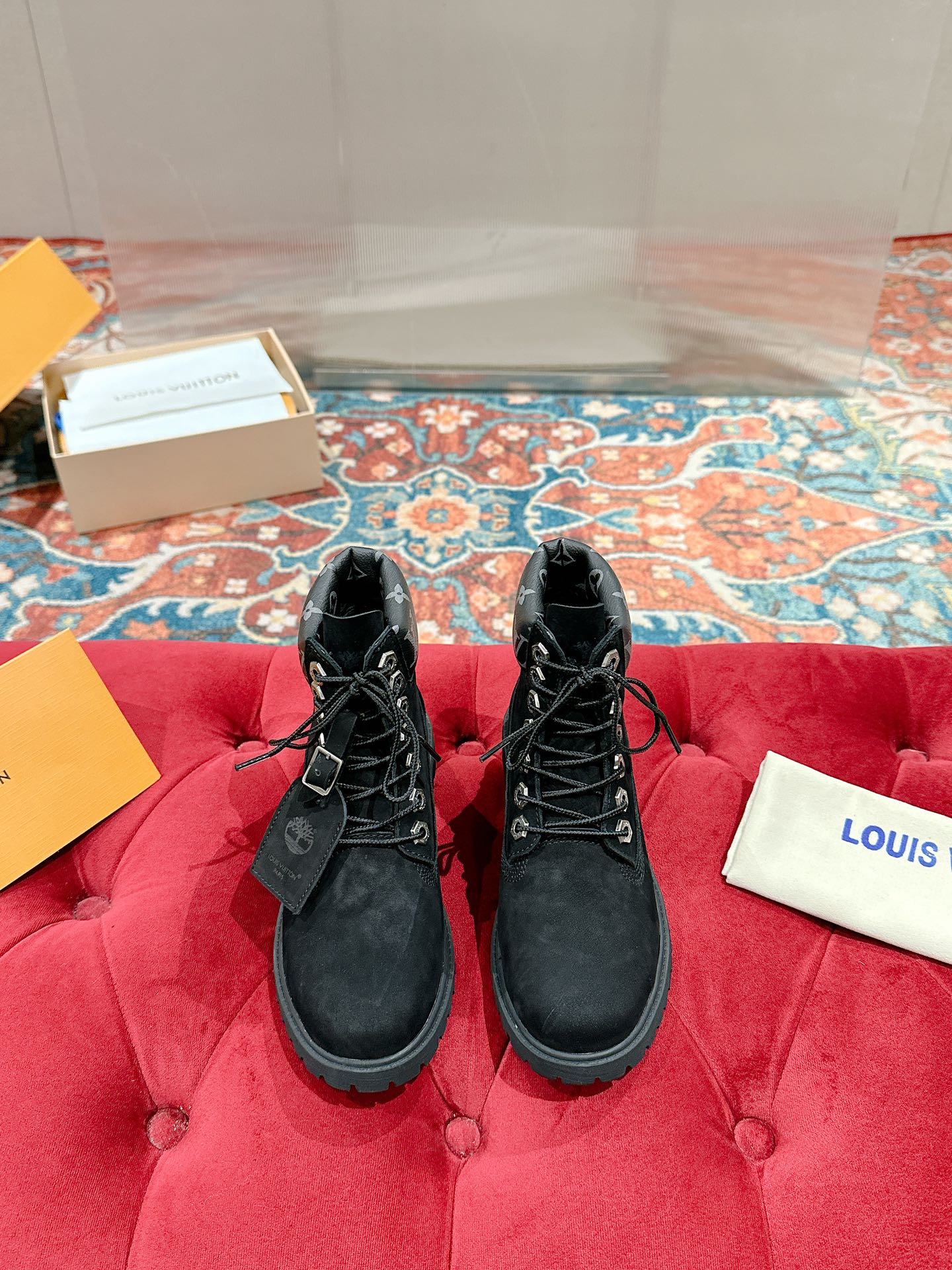 LOUIS VUITTON LV X TIMBERLAND ANKLE BOOT IN BLACK SUEDE