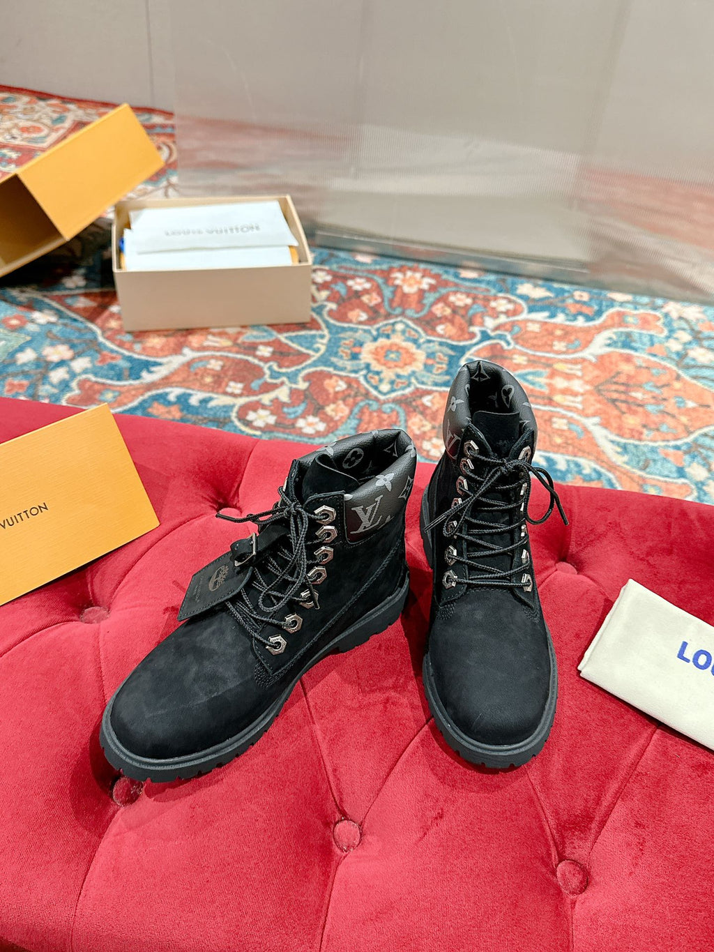 LOUIS VUITTON LV X TIMBERLAND ANKLE BOOT IN BLACK SUEDE