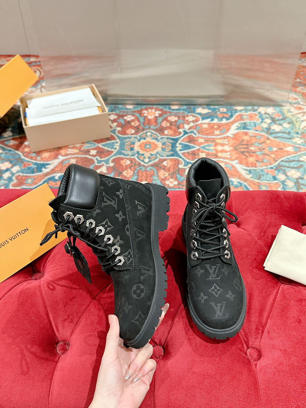 LOUIS VUITTON LV X TIMBERLAND ANKLE BOOT IN BLACK MONOGRAM SUEDE
