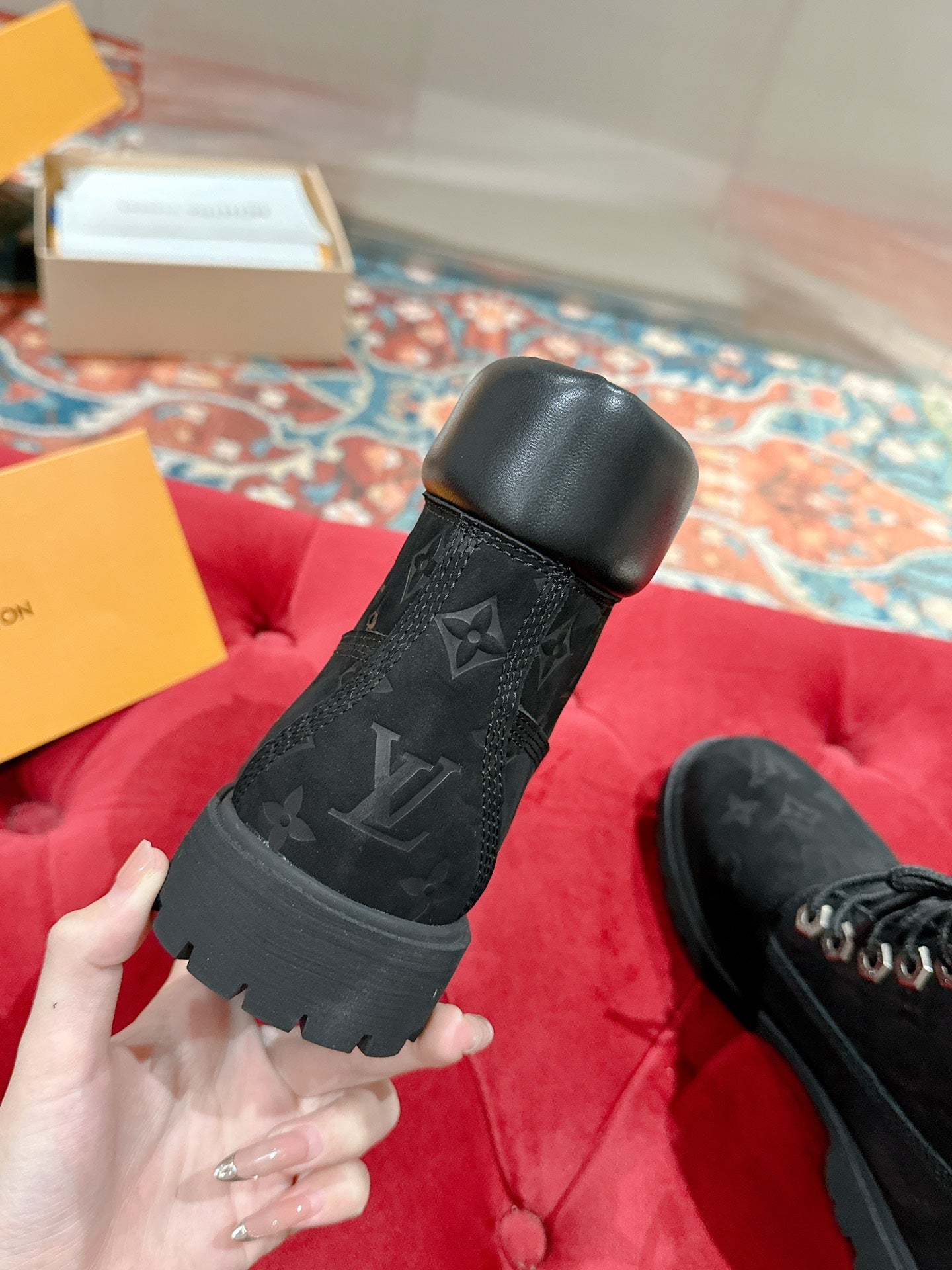 LOUIS VUITTON LV X TIMBERLAND ANKLE BOOT IN BLACK MONOGRAM SUEDE