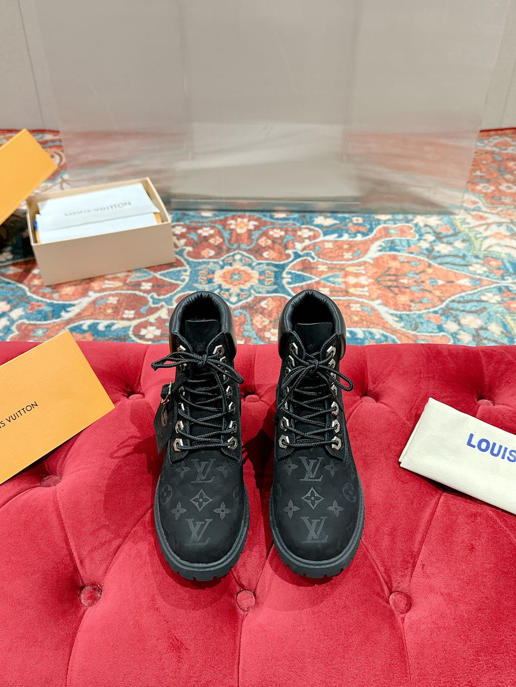 LOUIS VUITTON LV X TIMBERLAND ANKLE BOOT IN BLACK MONOGRAM SUEDE
