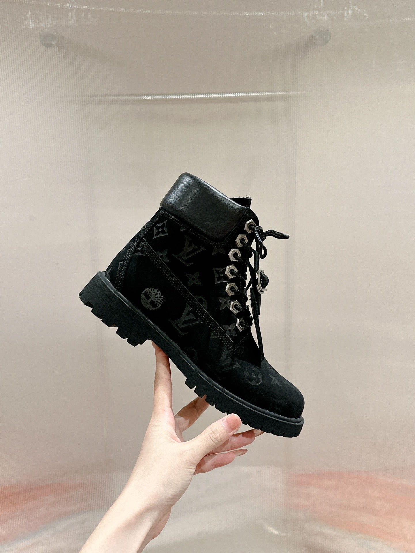 LOUIS VUITTON LV X TIMBERLAND ANKLE BOOT IN BLACK MONOGRAM SUEDE