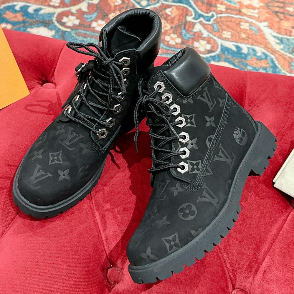 LOUIS VUITTON LV X TIMBERLAND ANKLE BOOT IN BLACK MONOGRAM SUEDE