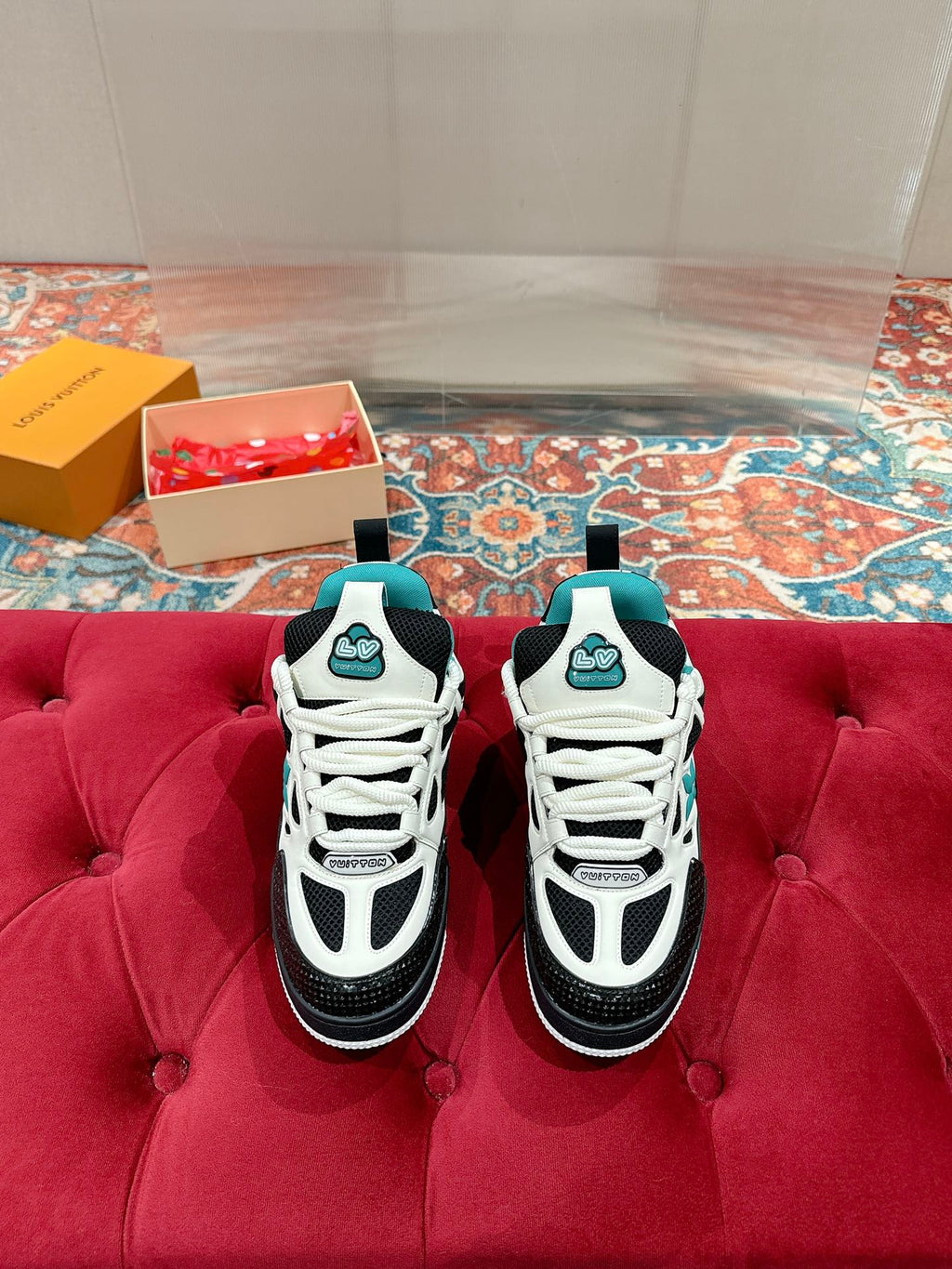 LOUIS VUITTON LV SKATE SNEAKER IN WHITE MIX BLACK AND PERSIAN GREEN CALFSKIN