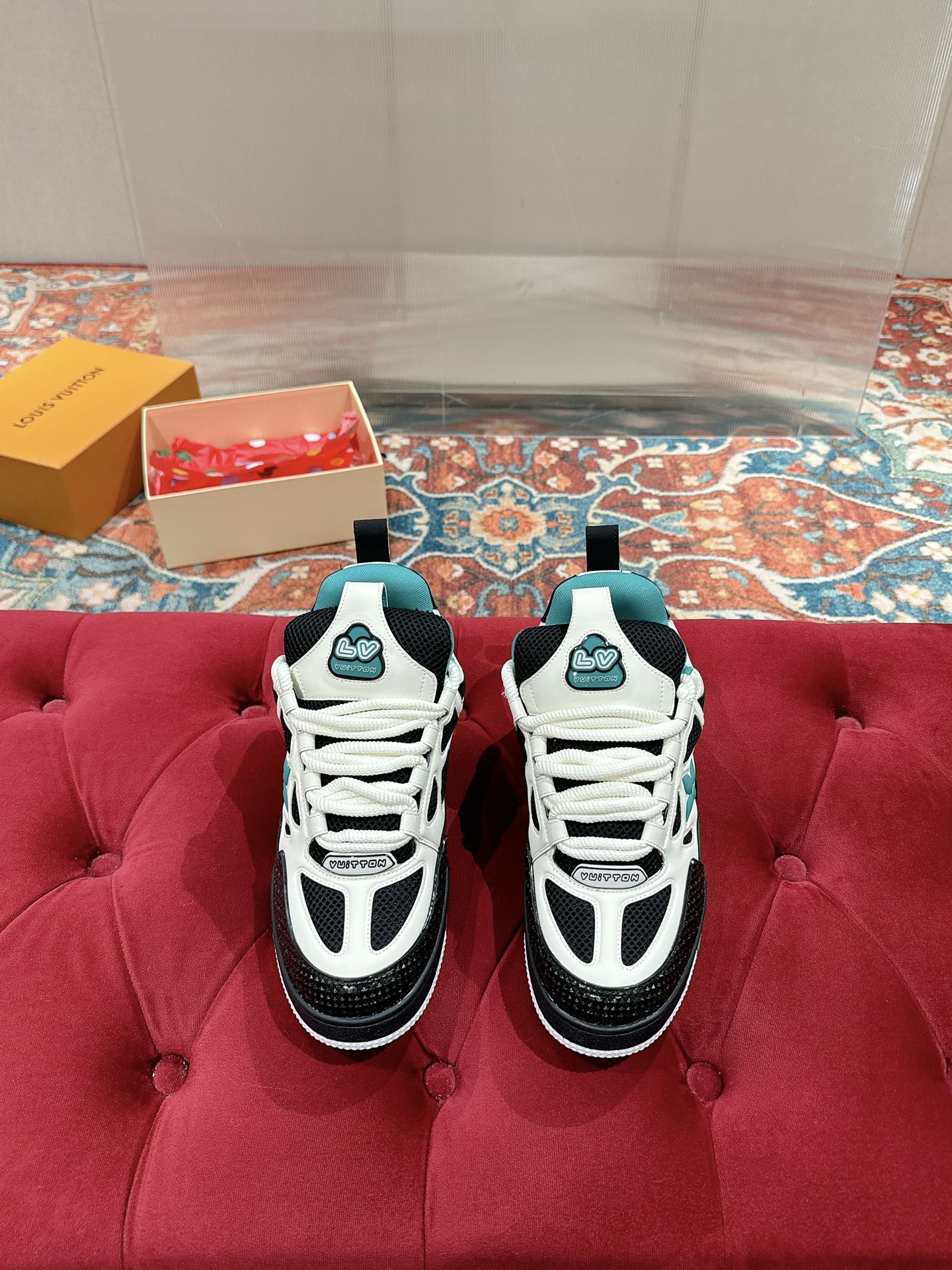 LOUIS VUITTON LV SKATE SNEAKER IN WHITE MIX BLACK AND PERSIAN GREEN CALFSKIN