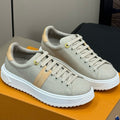 LOUIS VUITTON LV TIME OUT SNEAKER IN PASTEL GRAY MIX MACAROON GOLD CANVAS