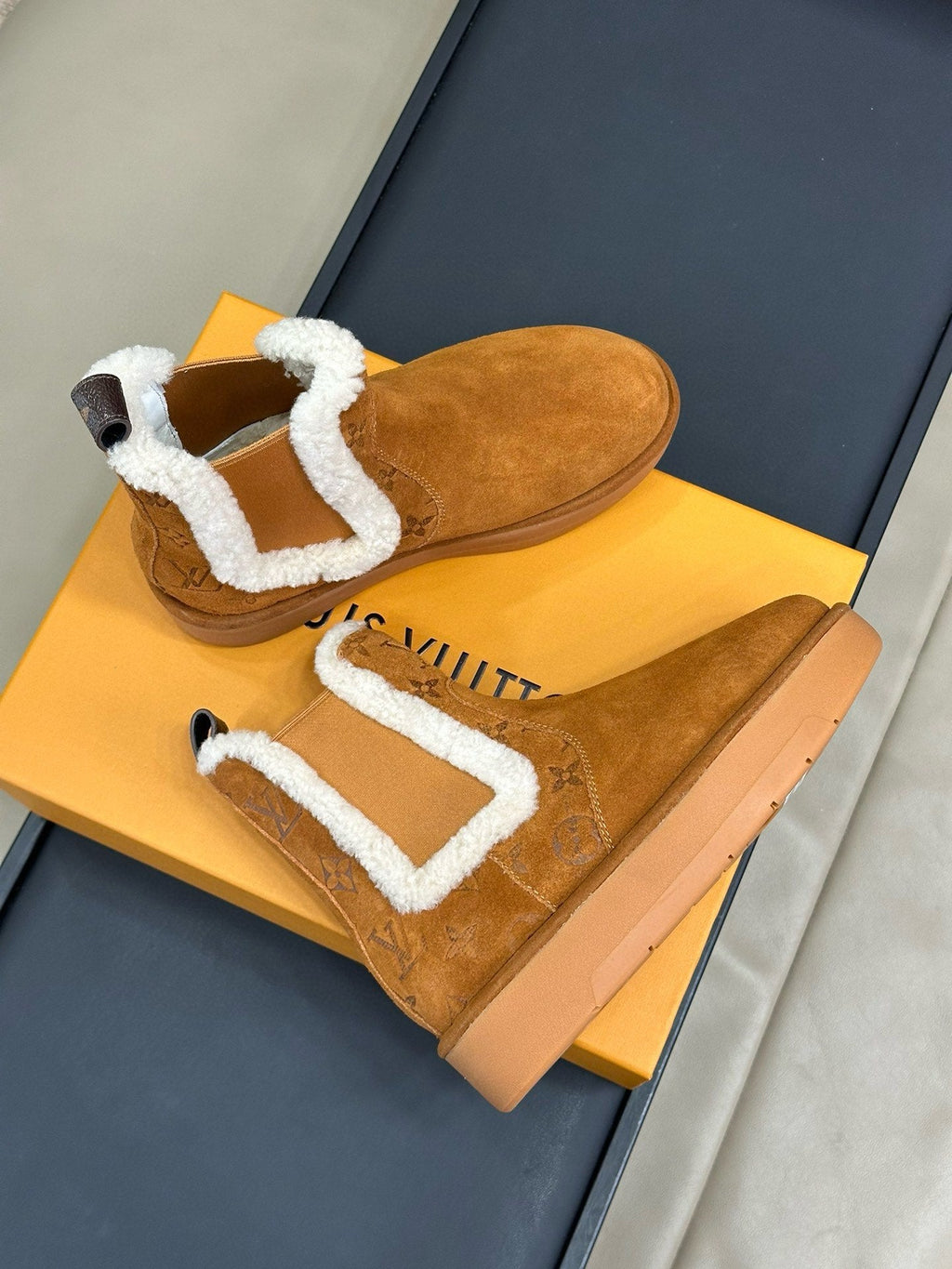 LOUIS VUITTON ASPEN CHELSEA ANKLE BOOTS IN BRONZE BROWN MONOGRAM-DEBOSSED SUEDE
