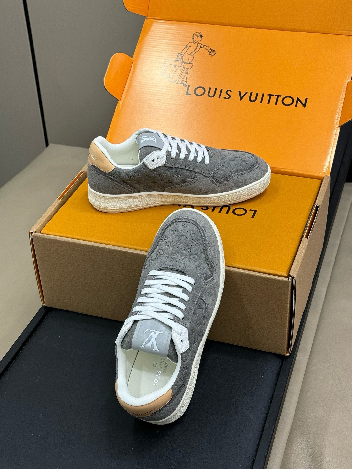 LOUIS VUITTON STADIUM SNEAKER IN DOVE GRAY EMBOSSED MONOGRAM SUEDE