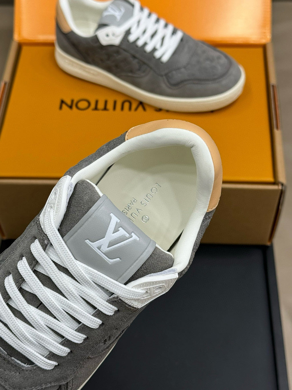 LOUIS VUITTON STADIUM SNEAKER IN DOVE GRAY EMBOSSED MONOGRAM SUEDE