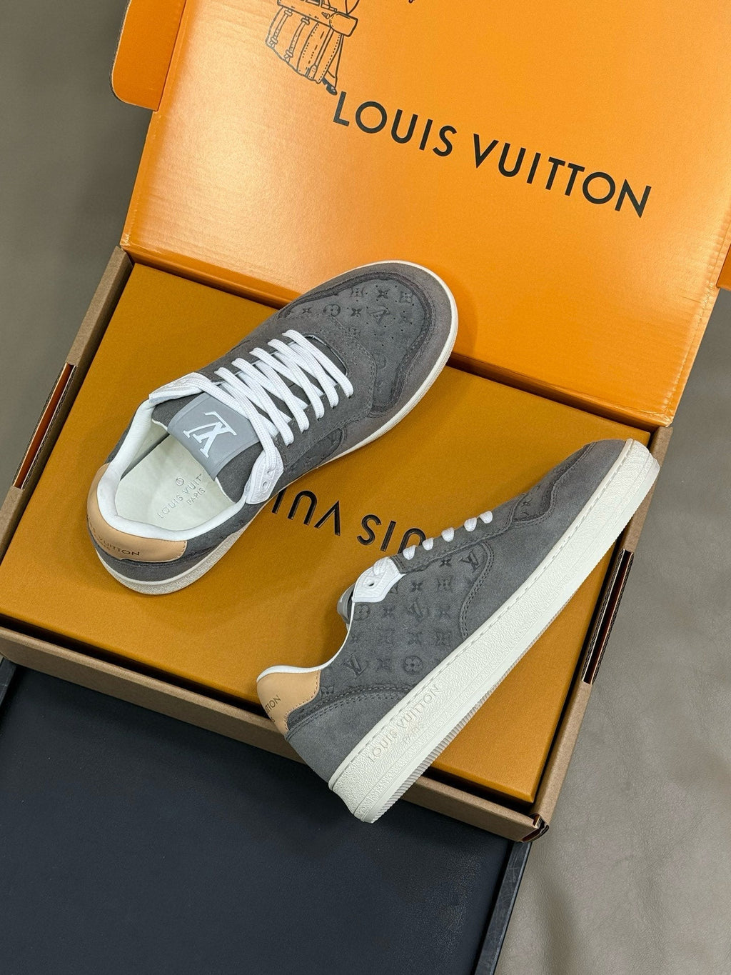 LOUIS VUITTON STADIUM SNEAKER IN DOVE GRAY EMBOSSED MONOGRAM SUEDE