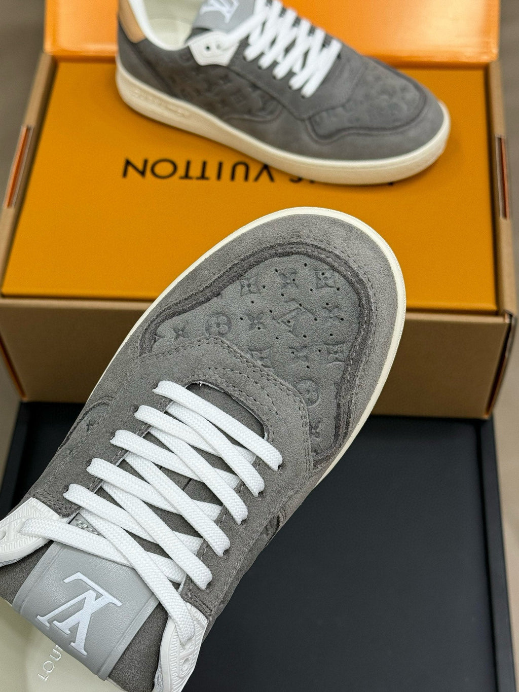 LOUIS VUITTON STADIUM SNEAKER IN DOVE GRAY EMBOSSED MONOGRAM SUEDE