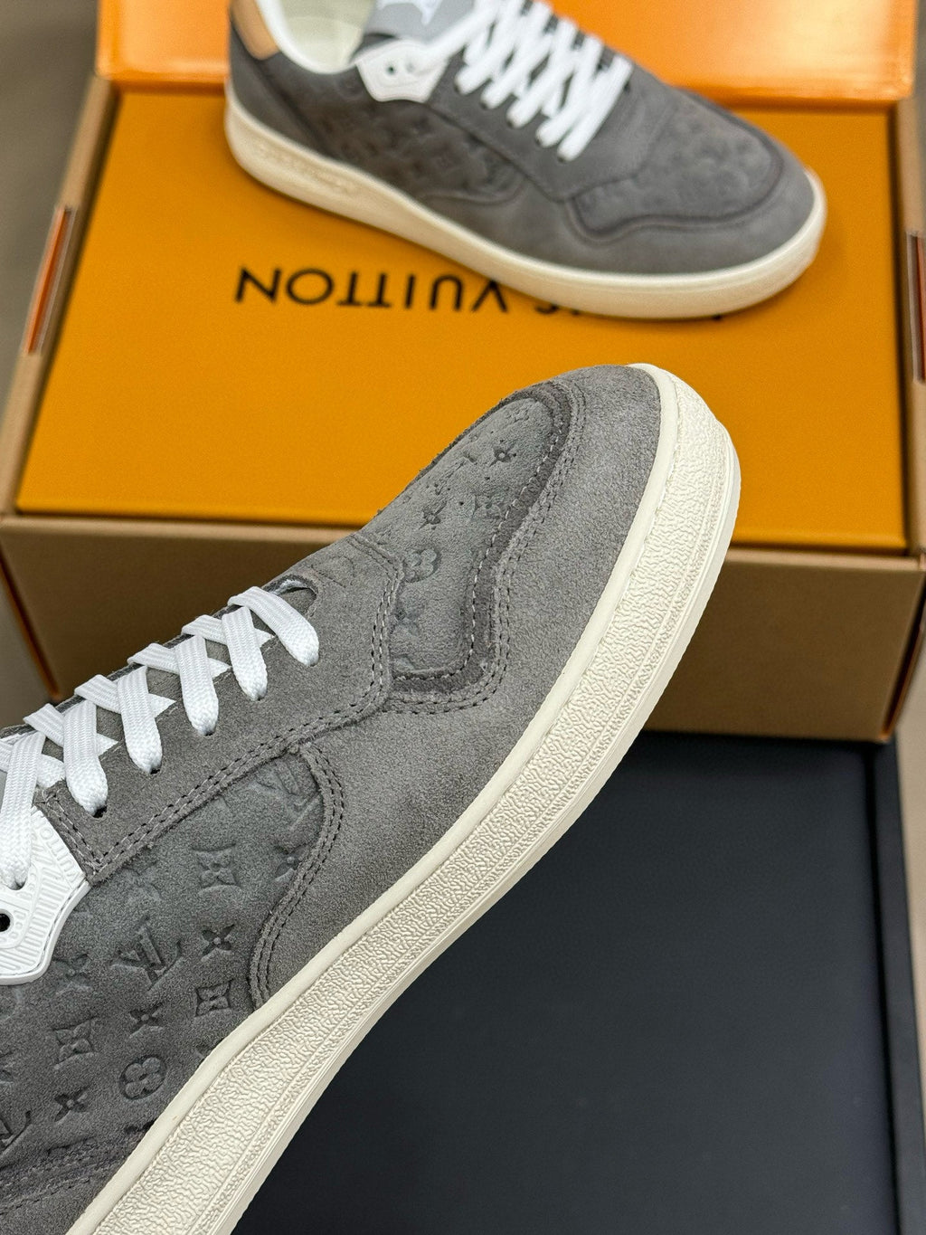 LOUIS VUITTON STADIUM SNEAKER IN DOVE GRAY EMBOSSED MONOGRAM SUEDE
