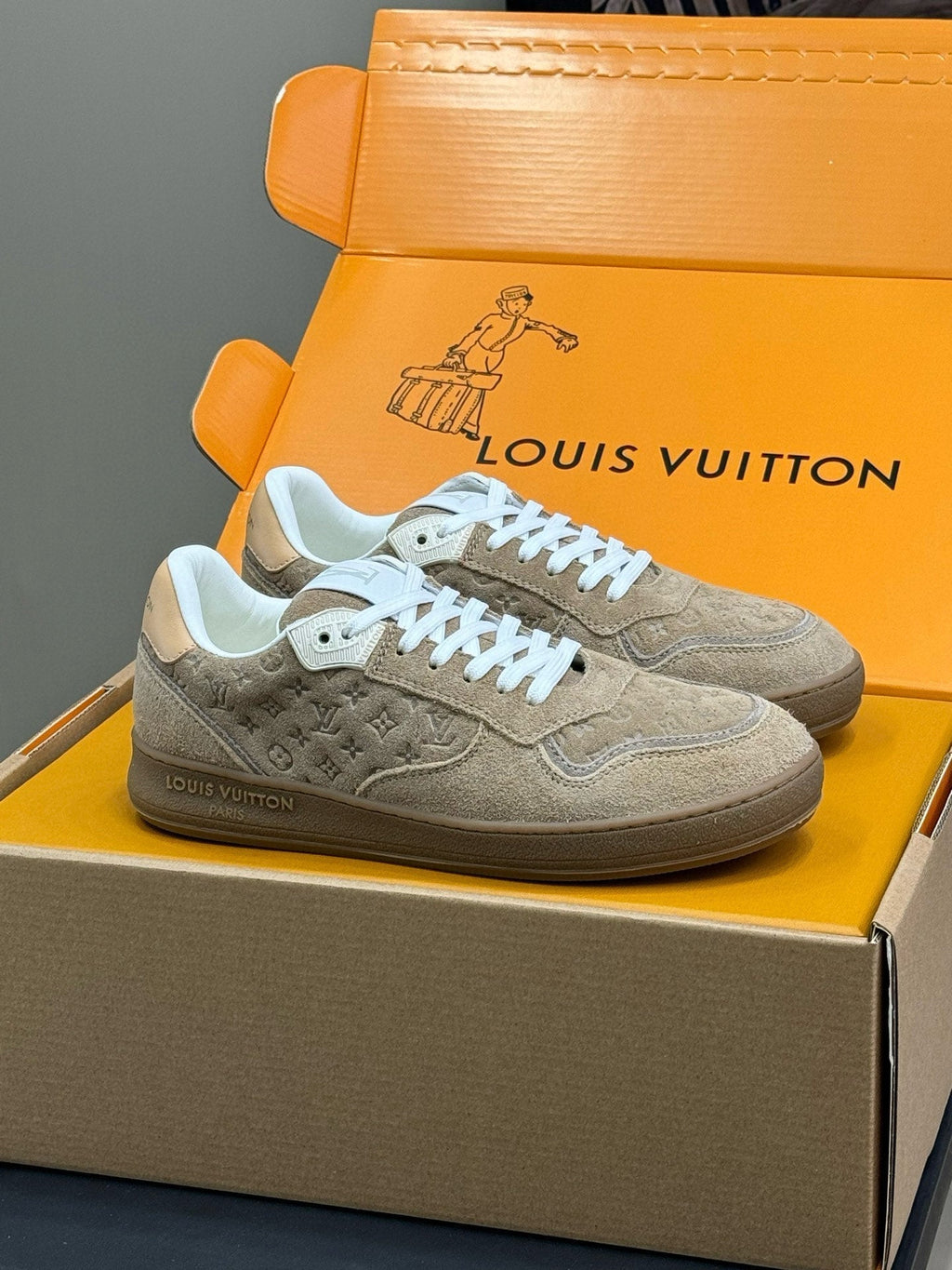 LOUIS VUITTON STADIUM SNEAKER IN KHAKI BROWN EMBOSSED MONOGRAM SUEDE