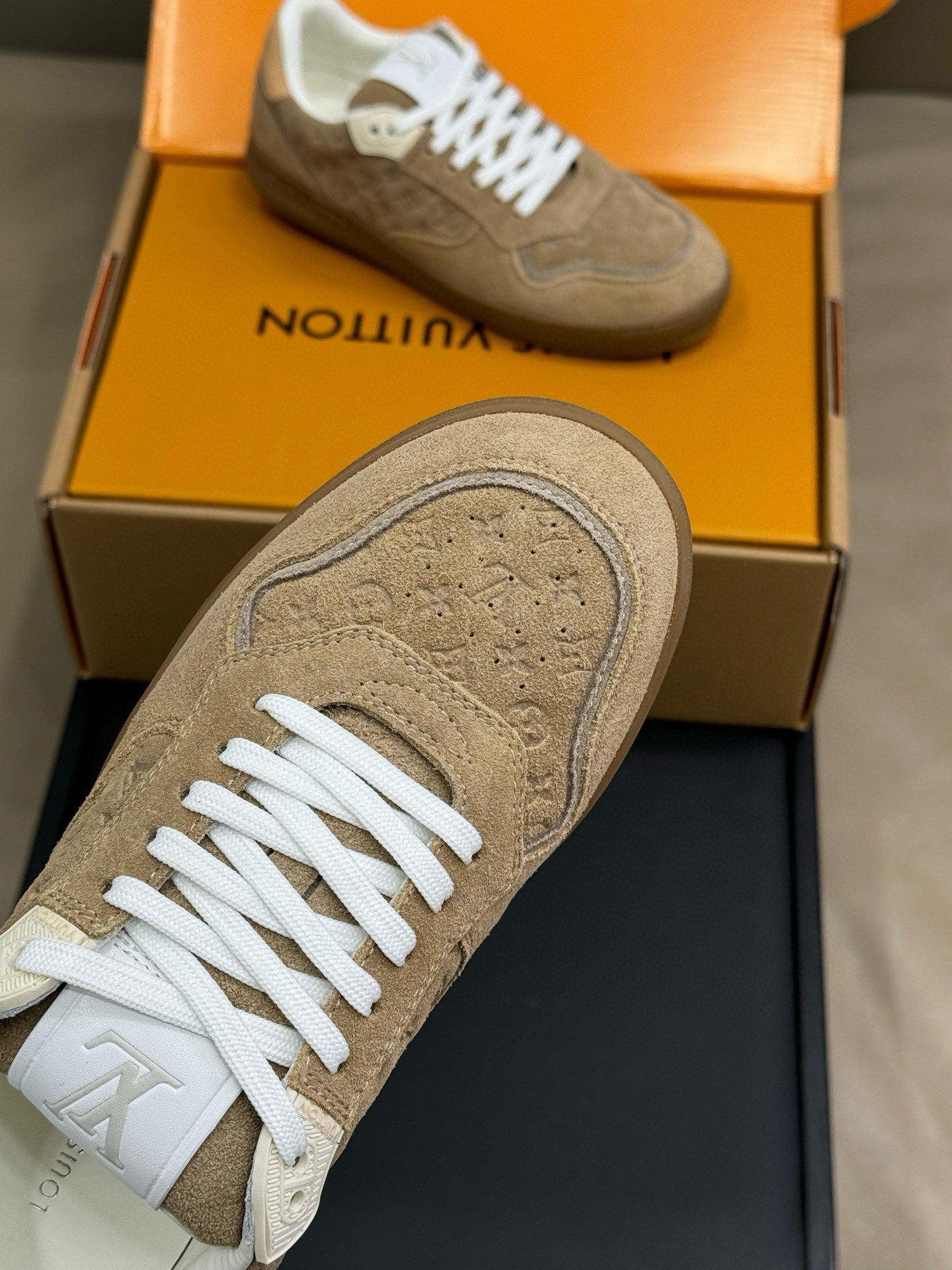 LOUIS VUITTON STADIUM SNEAKER IN KHAKI BROWN EMBOSSED MONOGRAM SUEDE