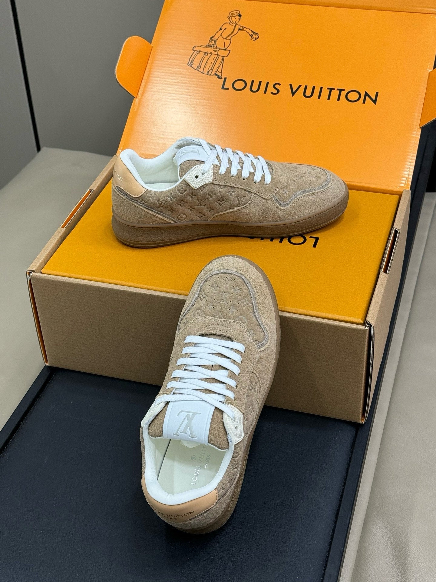 LOUIS VUITTON STADIUM SNEAKER IN KHAKI BROWN EMBOSSED MONOGRAM SUEDE