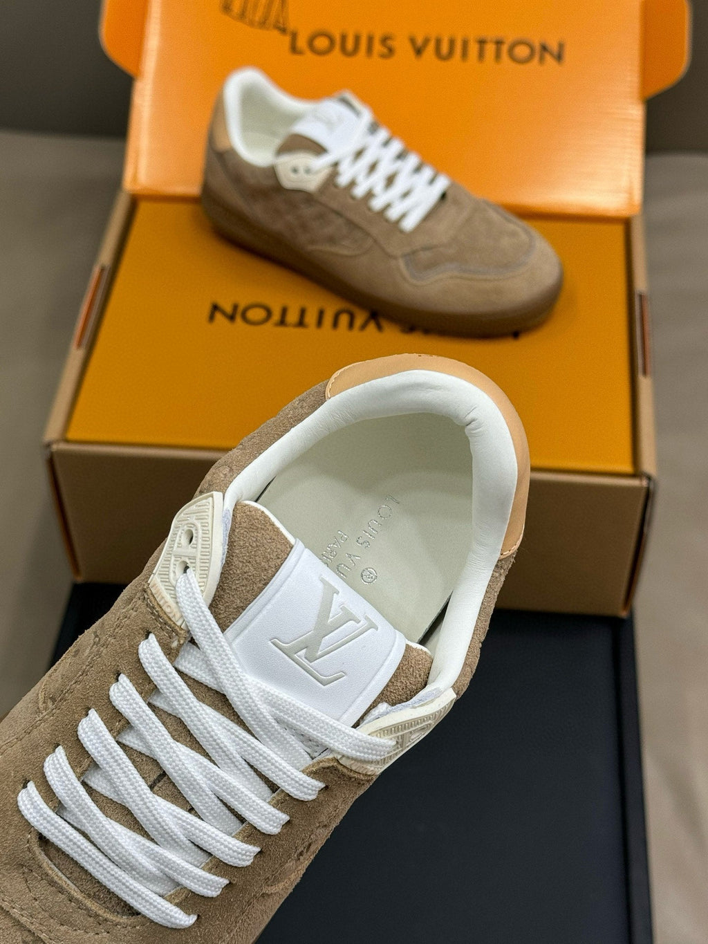 LOUIS VUITTON STADIUM SNEAKER IN KHAKI BROWN EMBOSSED MONOGRAM SUEDE